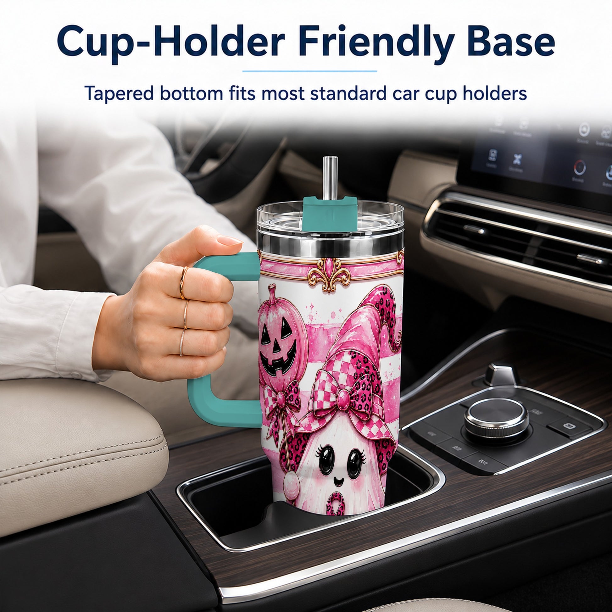 #pl[40oz|Green] Pink Witch Ghost 40oz Tumbler with Handle, Halloween Travel Cup