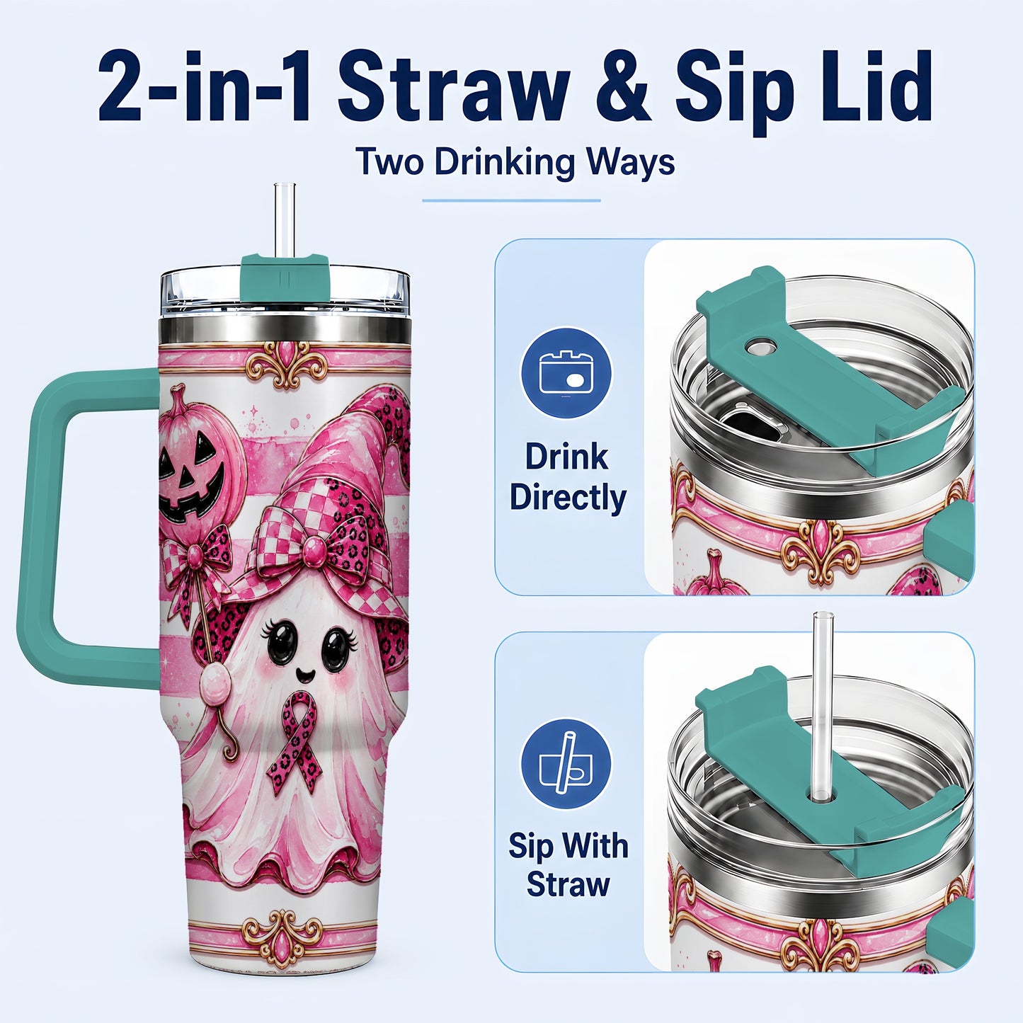 #pl[40oz|Green] Pink Witch Ghost 40oz Tumbler with Handle, Halloween Travel Cup