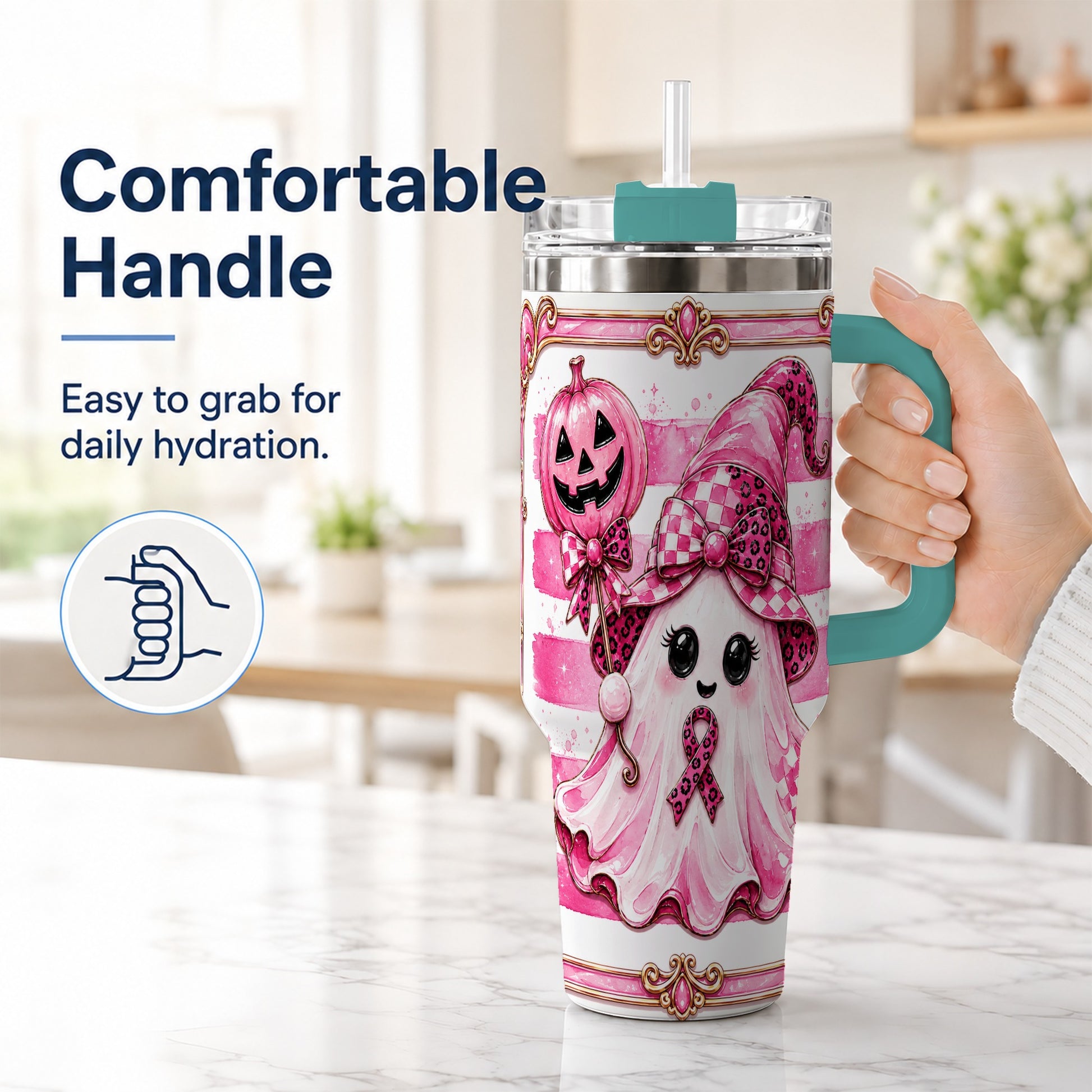 #pl[40oz|Green] Pink Witch Ghost 40oz Tumbler with Handle, Halloween Travel Cup