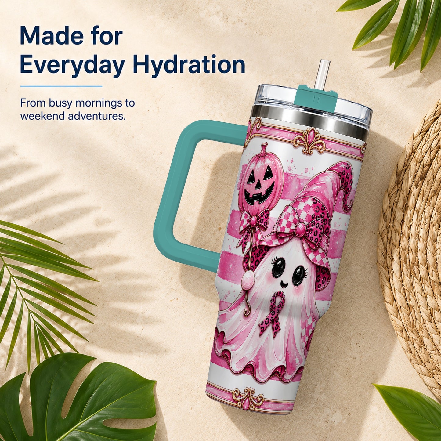 #pl[40oz|Green] Pink Witch Ghost 40oz Tumbler with Handle, Halloween Travel Cup