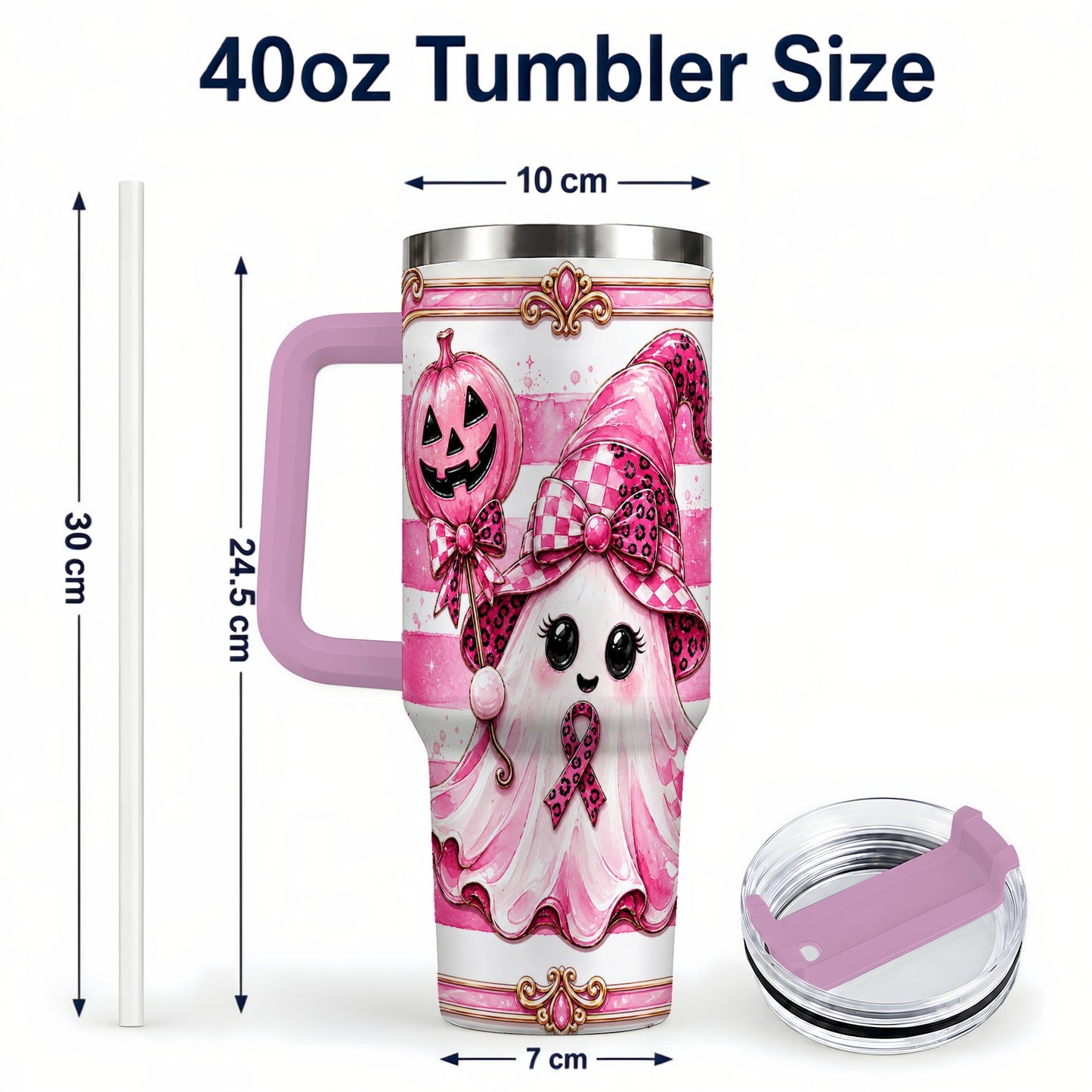 #pl[40oz|Pink] Pink Witch Ghost 40oz Tumbler with Handle, Halloween Travel Cup