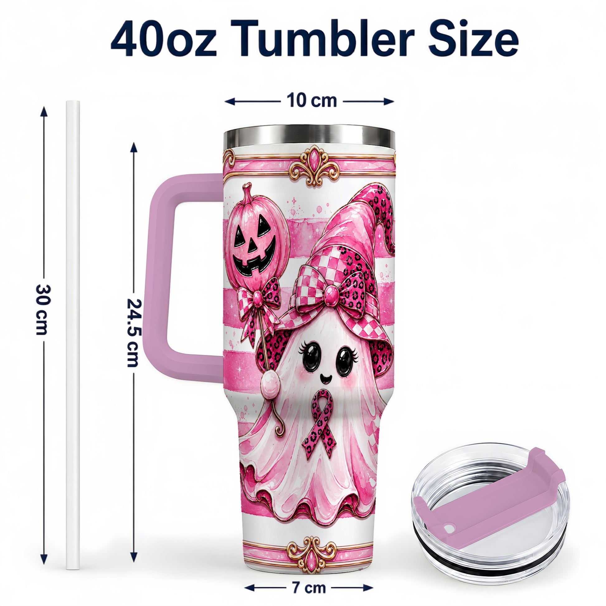 #pl[40oz|Pink] Pink Witch Ghost 40oz Tumbler with Handle, Halloween Travel Cup