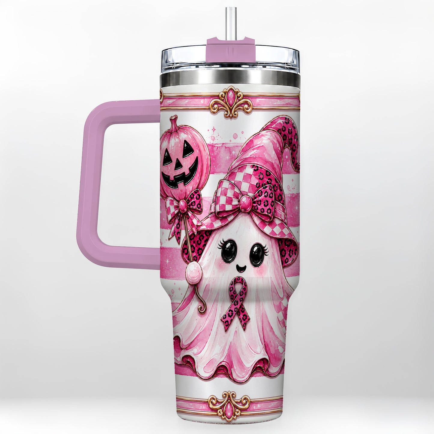 #pl[40oz|Pink] Pink Witch Ghost 40oz Tumbler with Handle, Halloween Travel Cup
