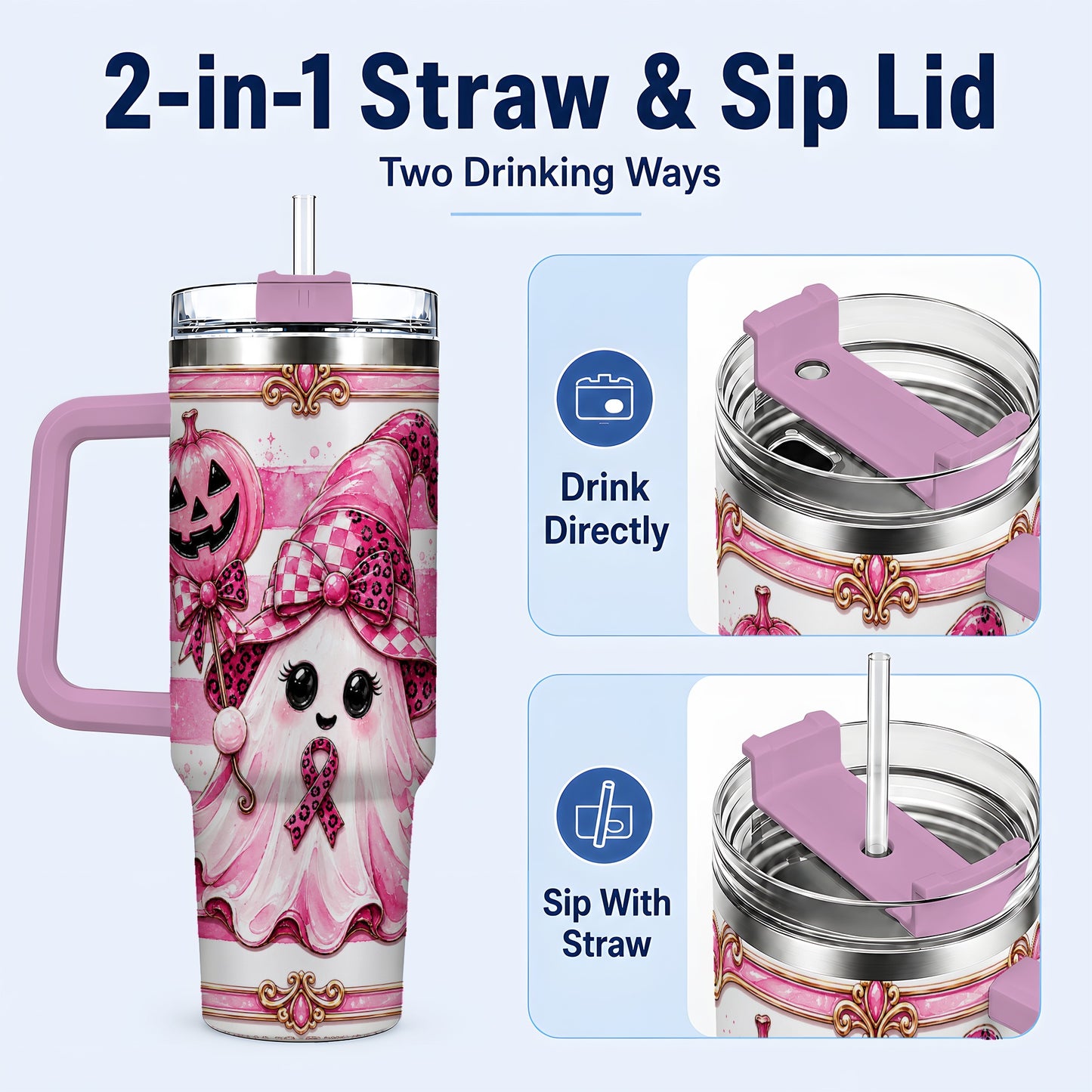 #pl[40oz|Pink] Pink Witch Ghost 40oz Tumbler with Handle, Halloween Travel Cup