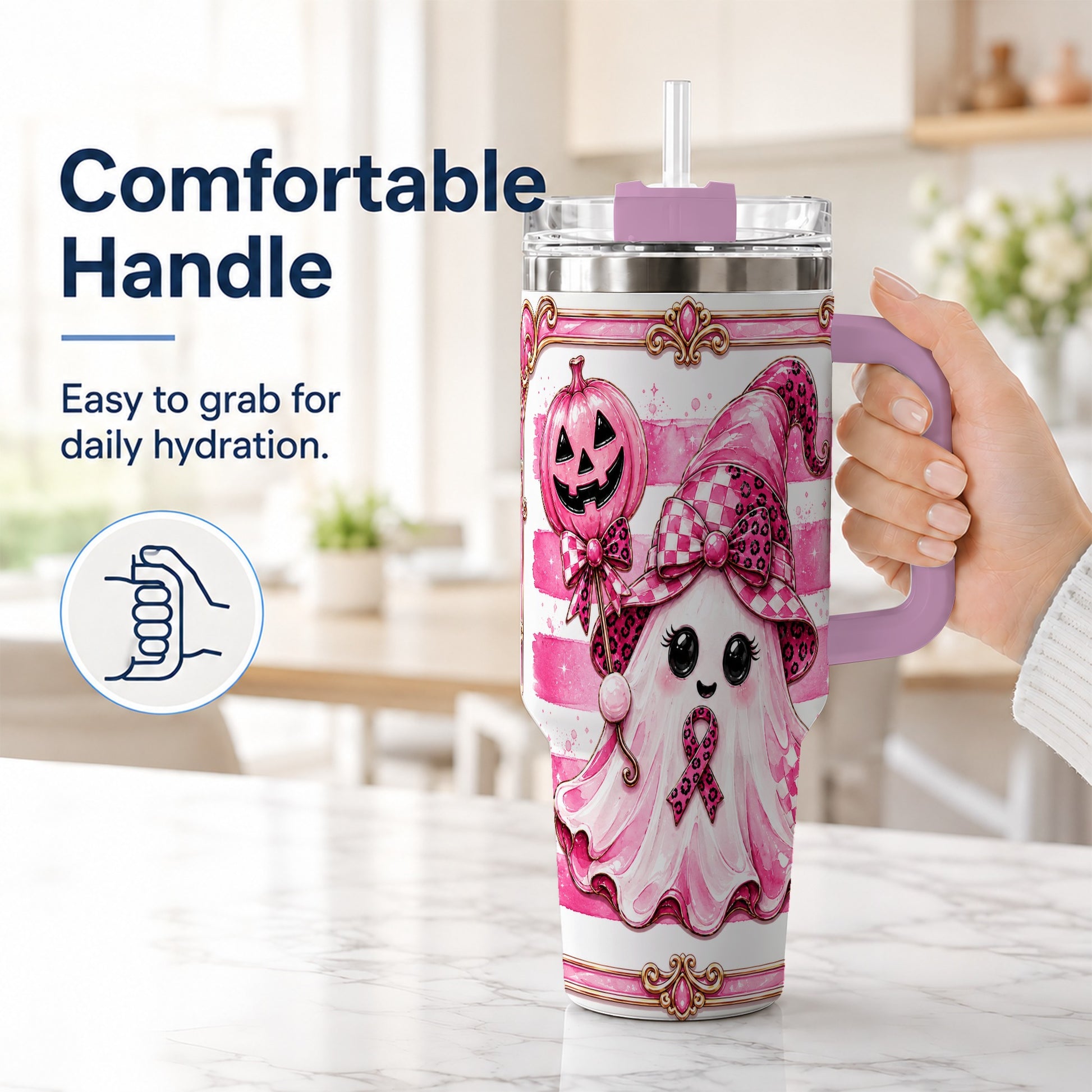#pl[40oz|Pink] Pink Witch Ghost 40oz Tumbler with Handle, Halloween Travel Cup