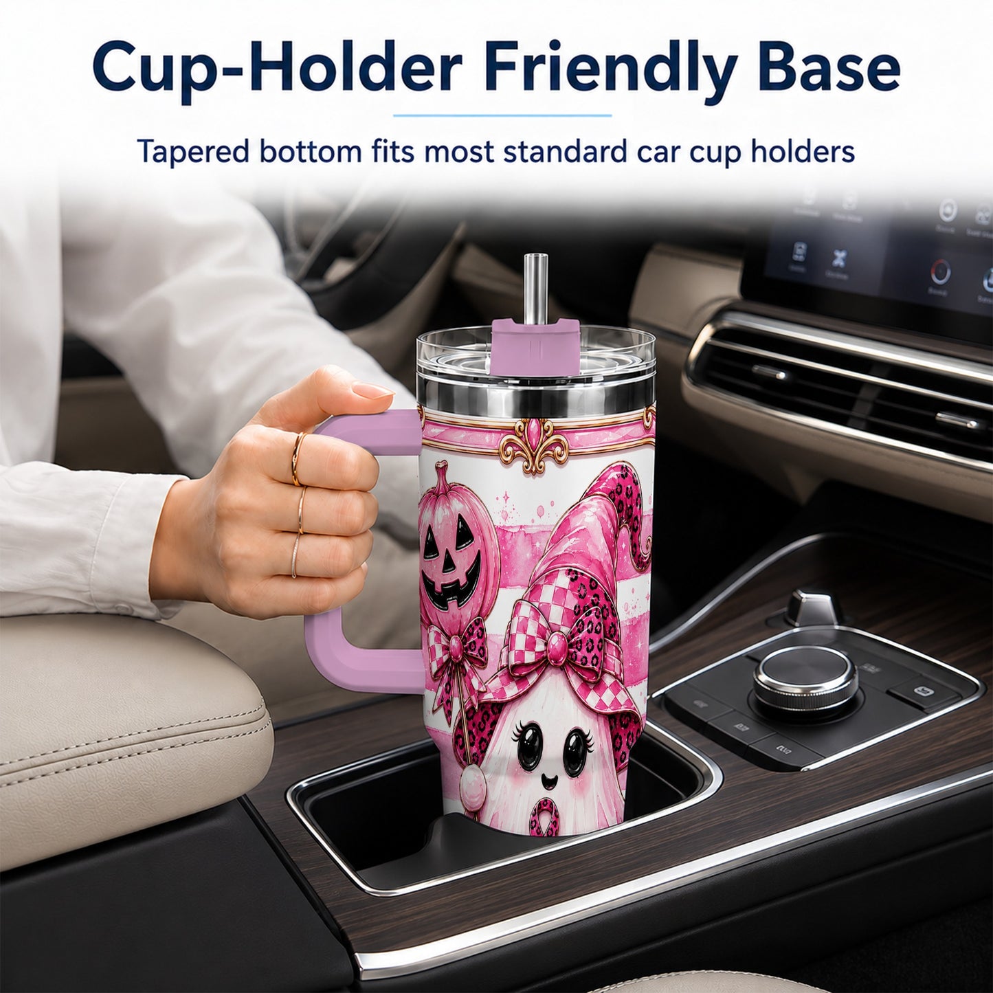 #pl[40oz|Pink] Pink Witch Ghost 40oz Tumbler with Handle, Halloween Travel Cup