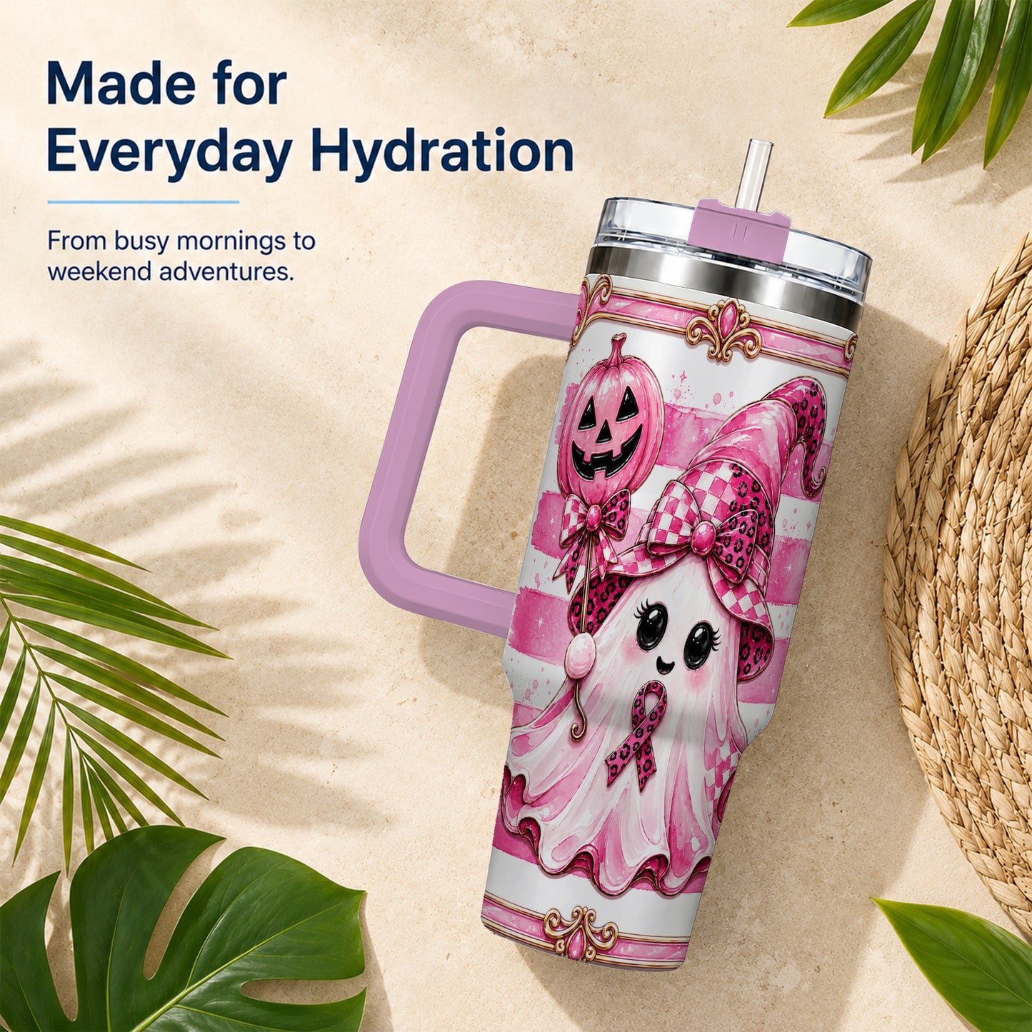 #pl[40oz|Pink] Pink Witch Ghost 40oz Tumbler with Handle, Halloween Travel Cup