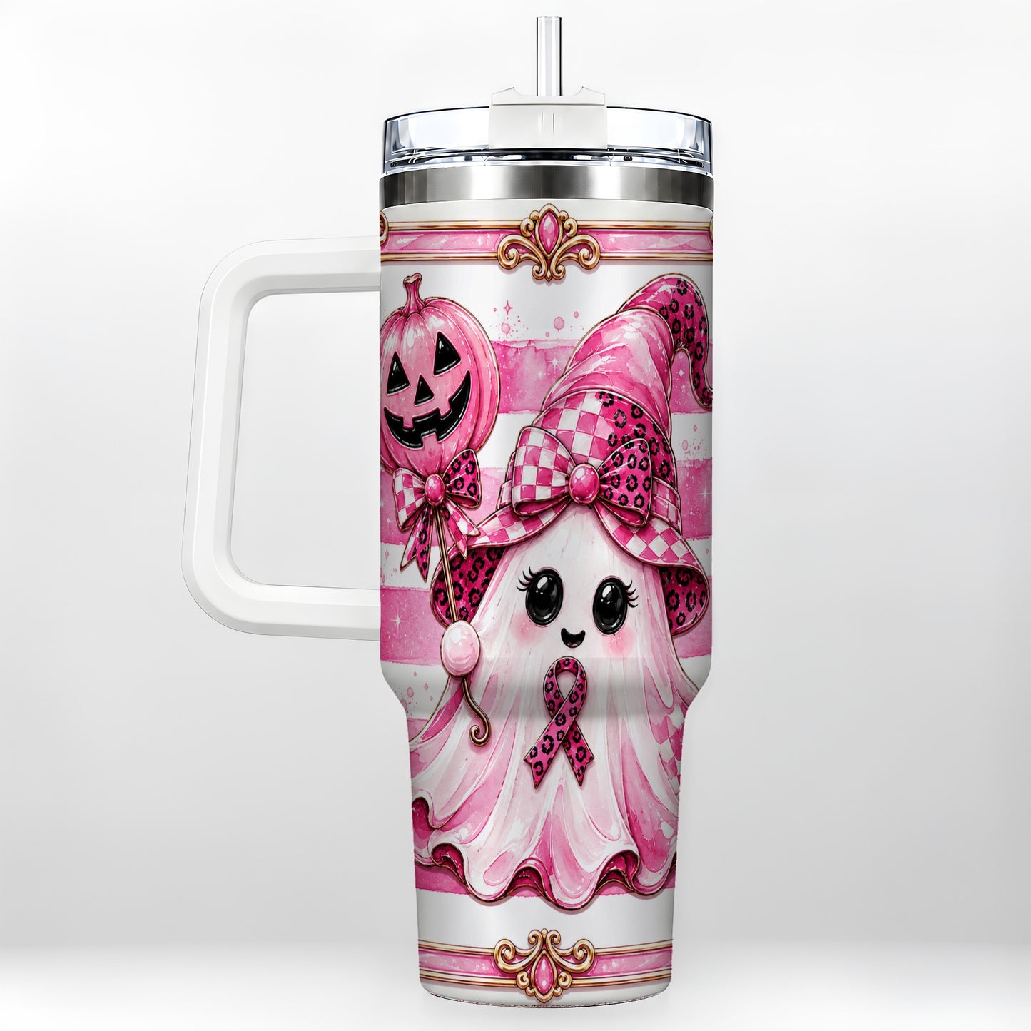 #pl[40oz|White] Pink Witch Ghost 40oz Tumbler with Handle, Halloween Travel Cup