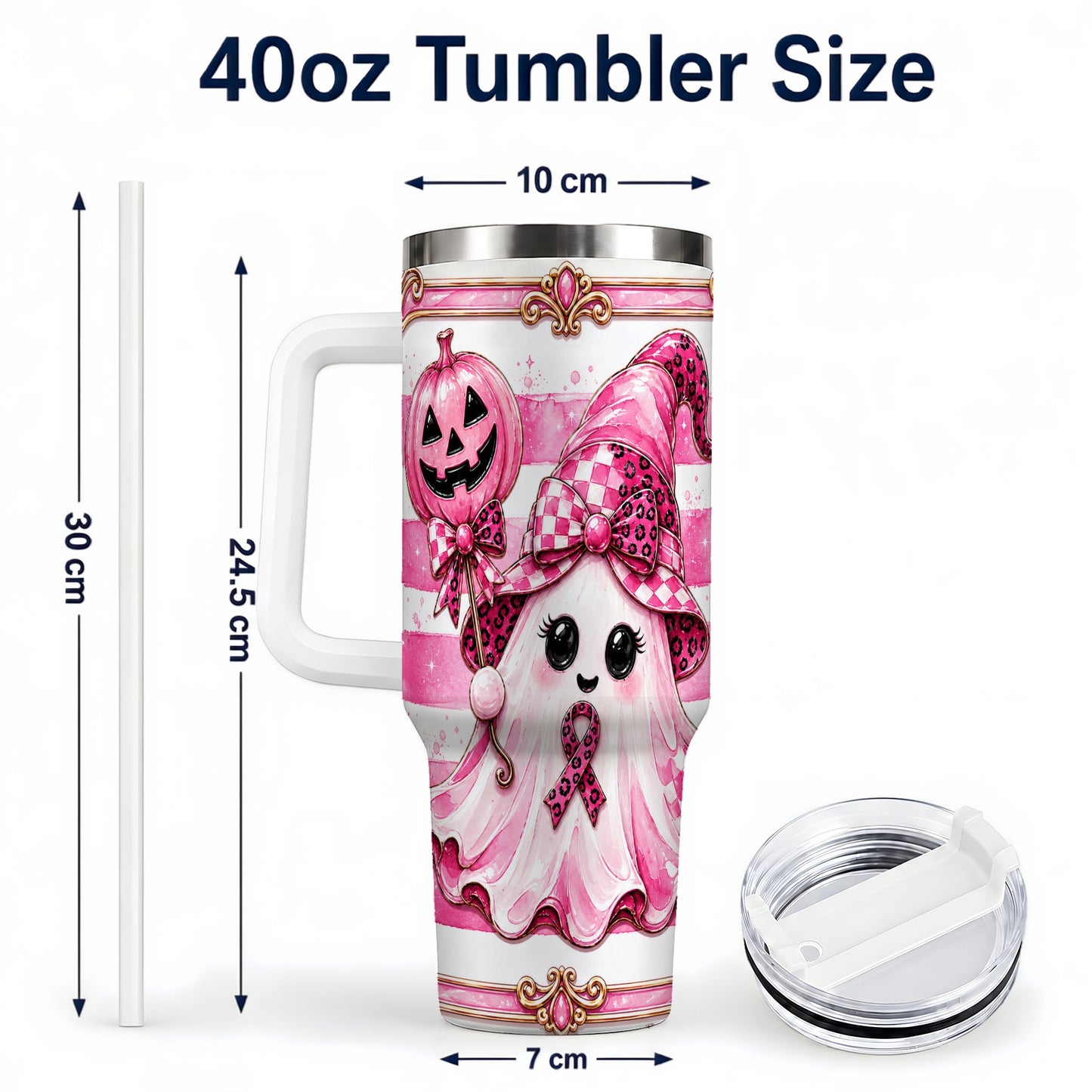 #pl[40oz|White] Pink Witch Ghost 40oz Tumbler with Handle, Halloween Travel Cup