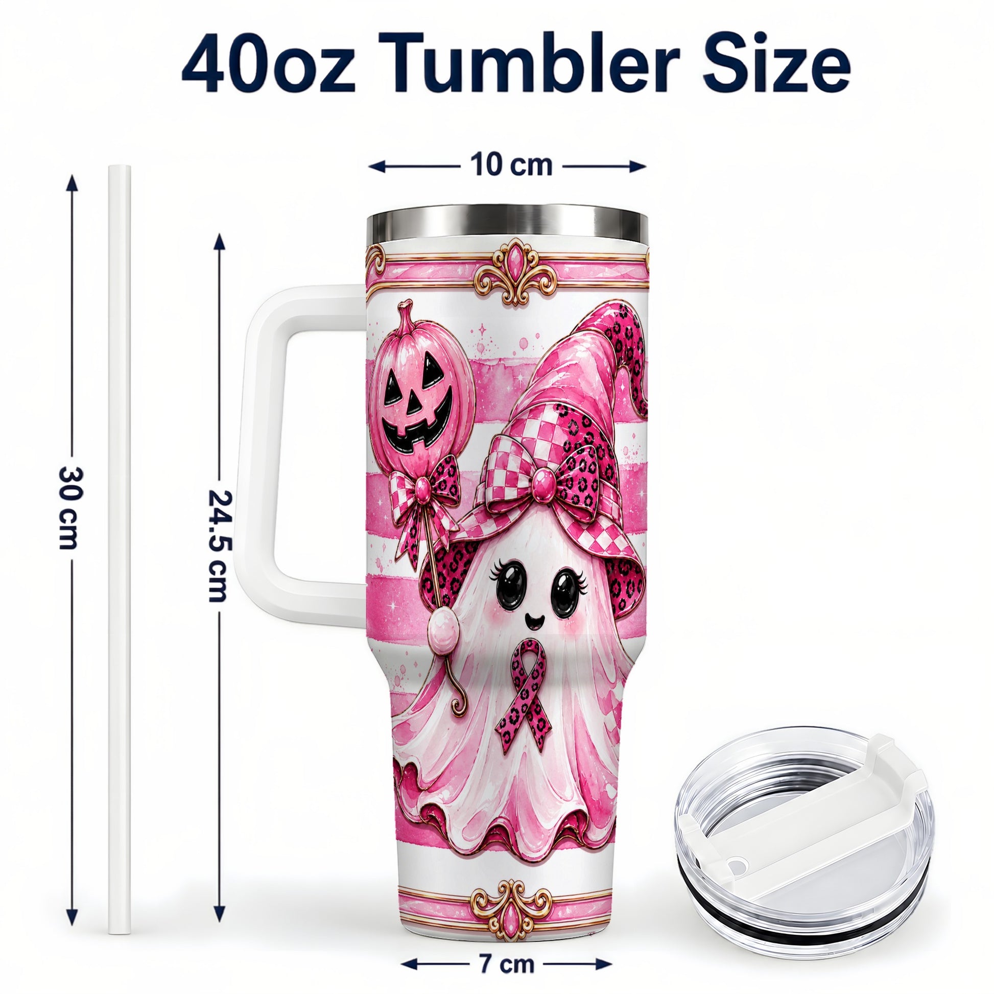 #pl[40oz|White] Pink Witch Ghost 40oz Tumbler with Handle, Halloween Travel Cup