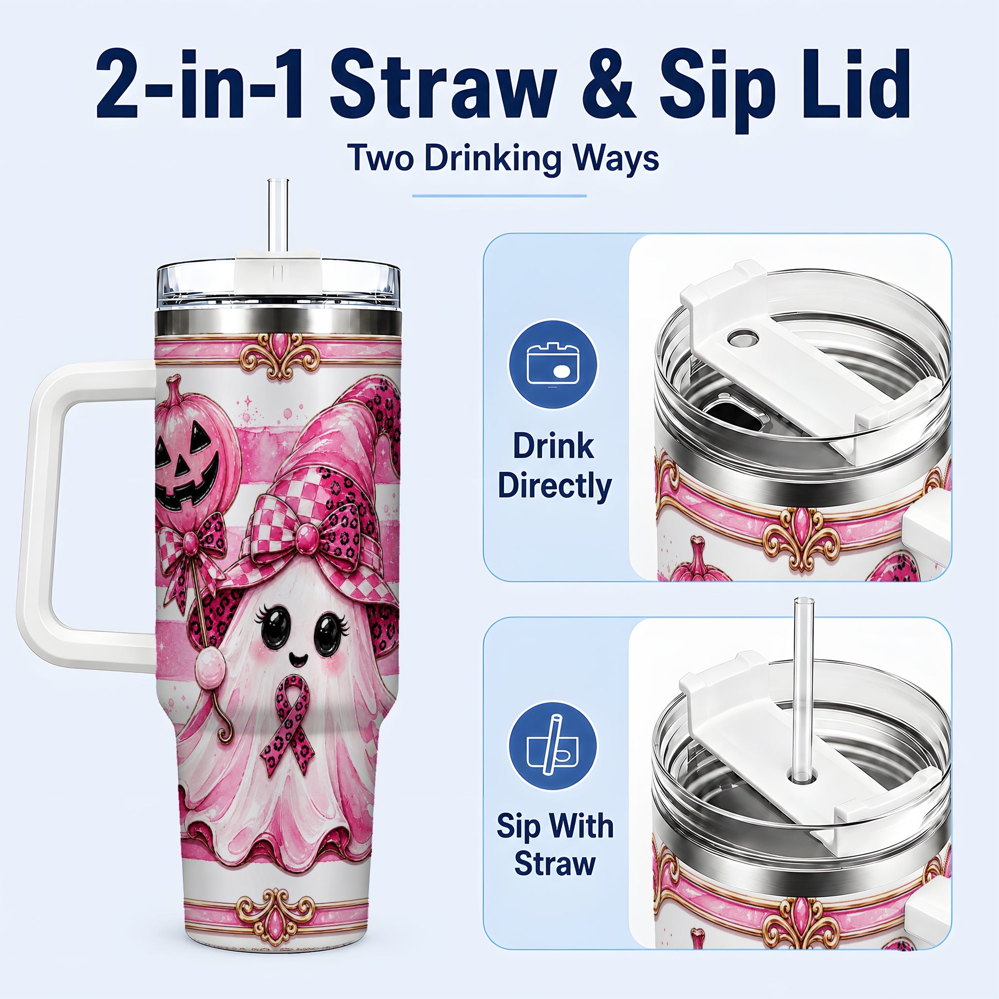 #pl[40oz|White] Pink Witch Ghost 40oz Tumbler with Handle, Halloween Travel Cup