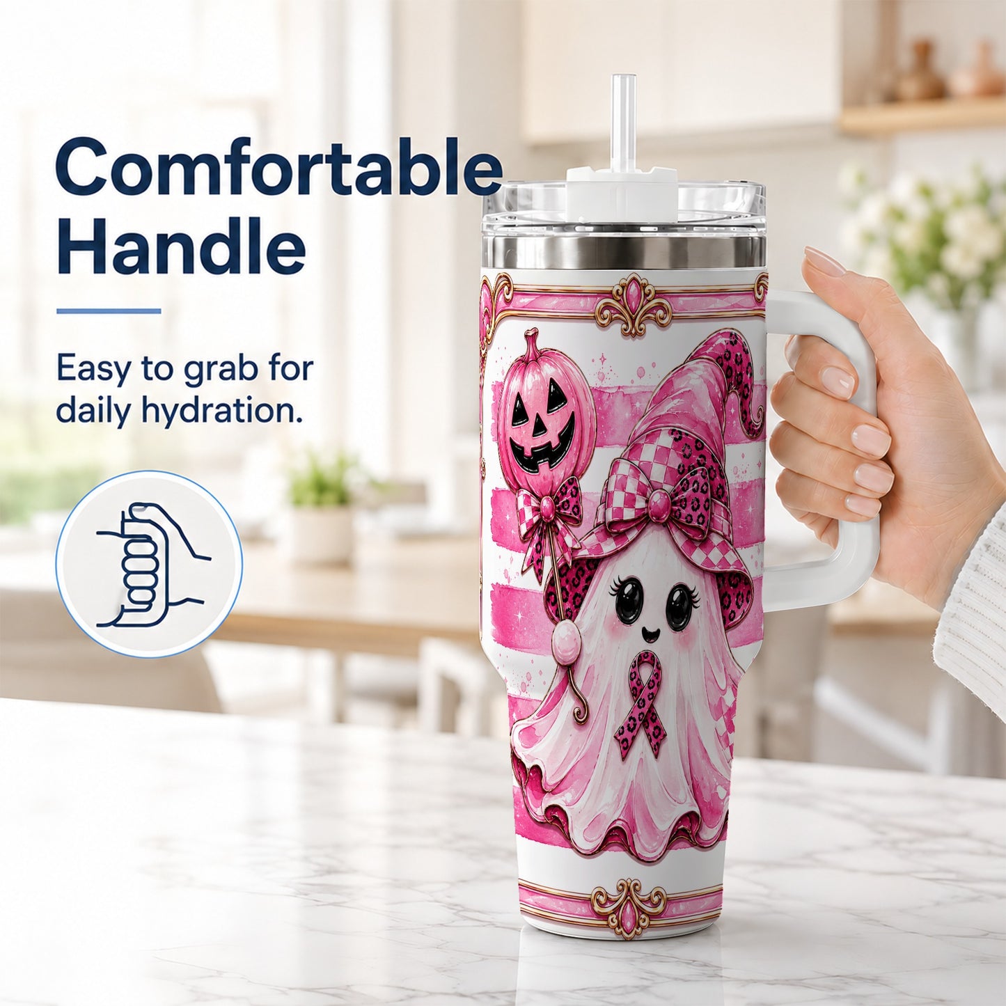 #pl[40oz|White] Pink Witch Ghost 40oz Tumbler with Handle, Halloween Travel Cup