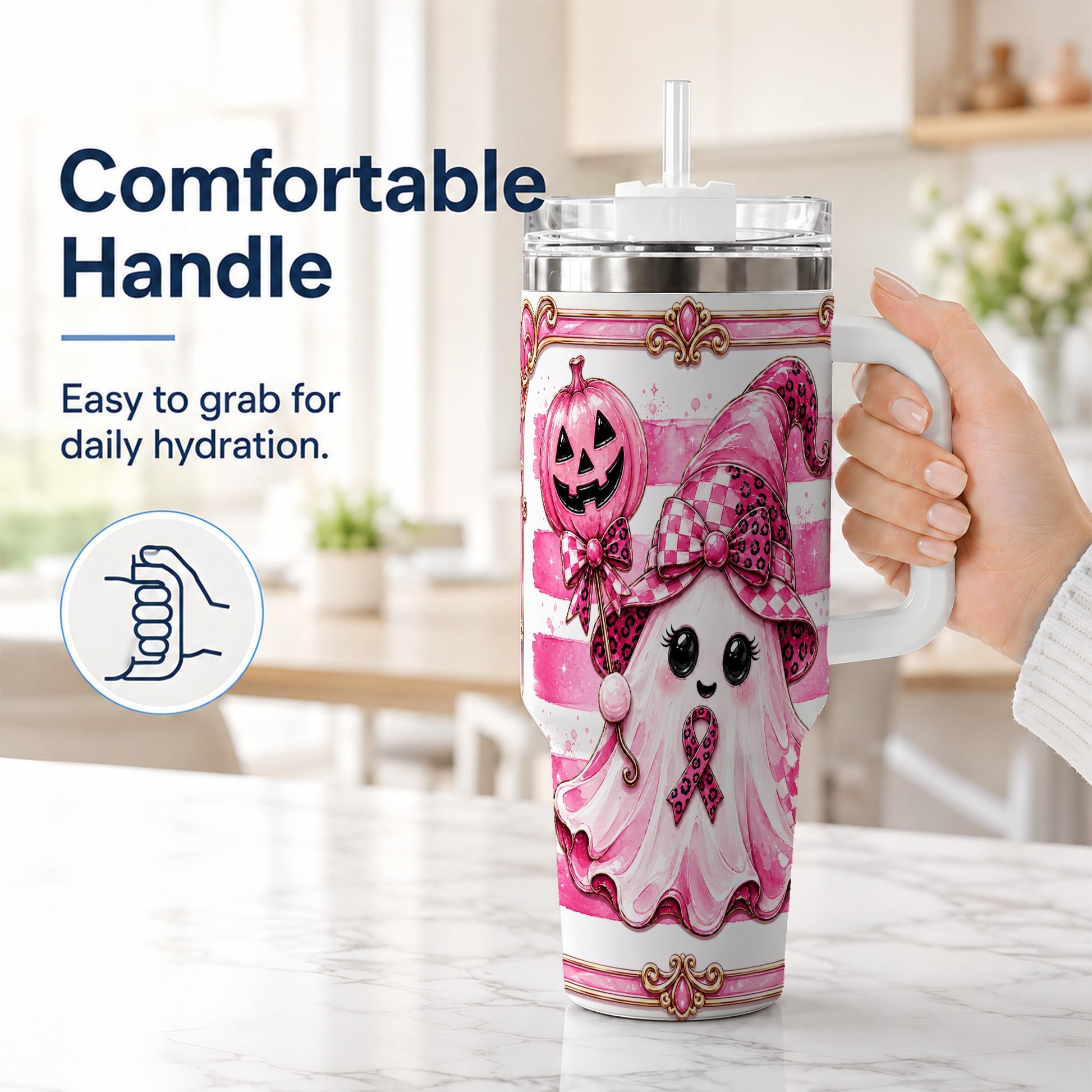 #pl[40oz|White] Pink Witch Ghost 40oz Tumbler with Handle, Halloween Travel Cup
