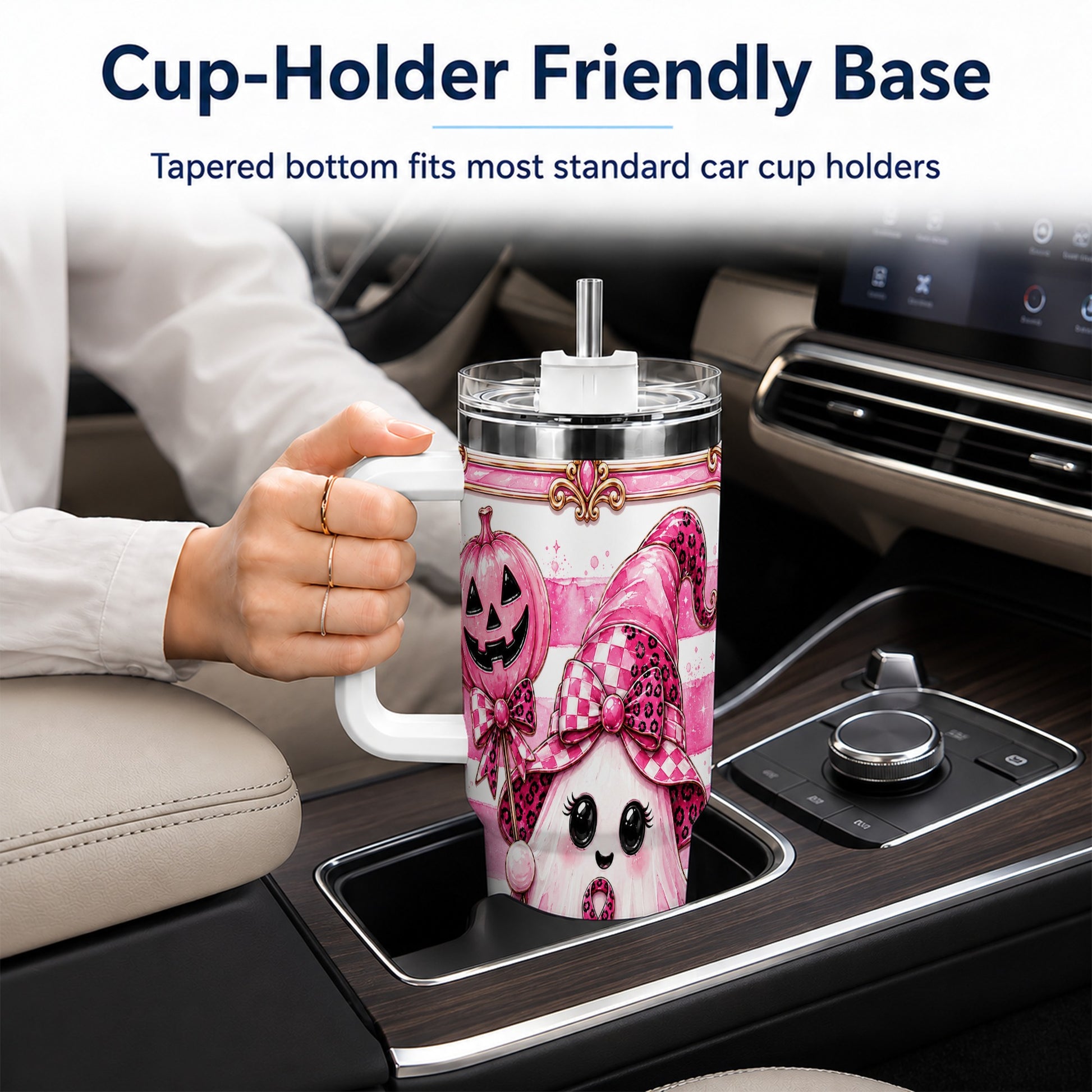 #pl[40oz|White] Pink Witch Ghost 40oz Tumbler with Handle, Halloween Travel Cup