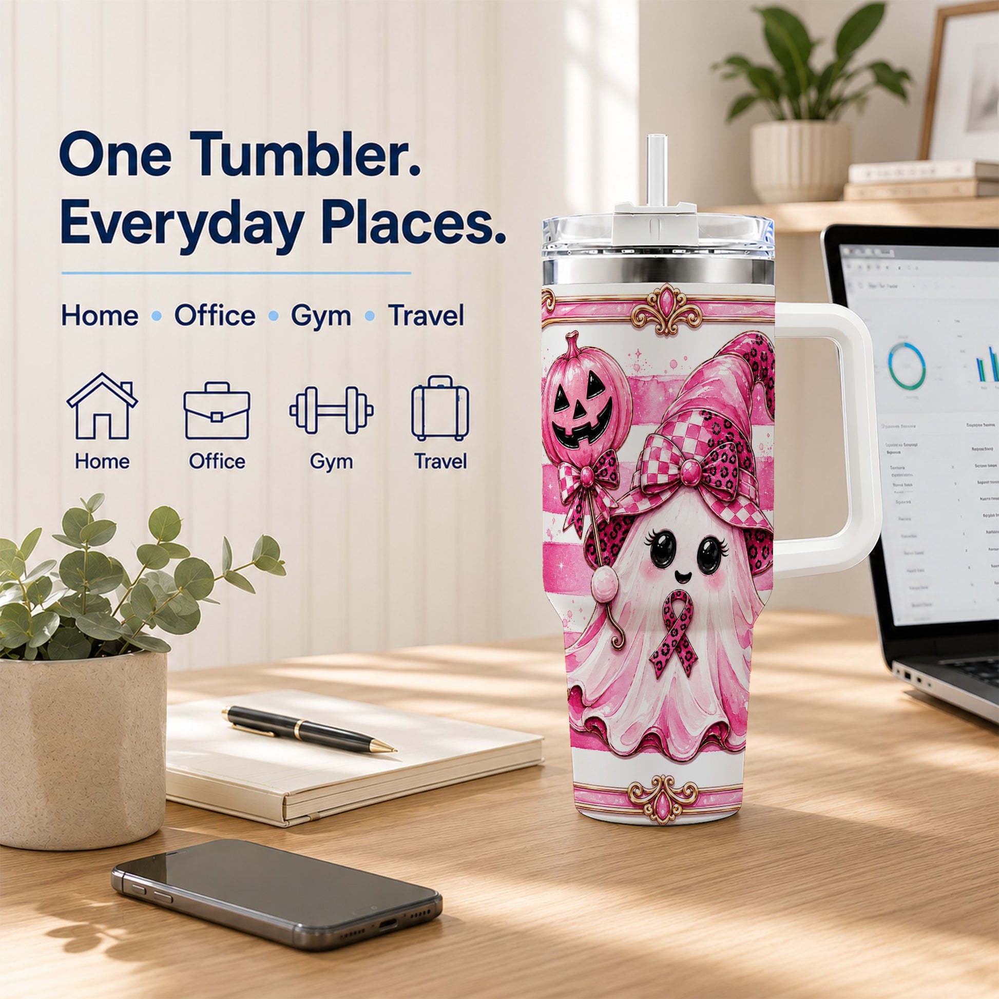 #pl[40oz|White] Pink Witch Ghost 40oz Tumbler with Handle, Halloween Travel Cup