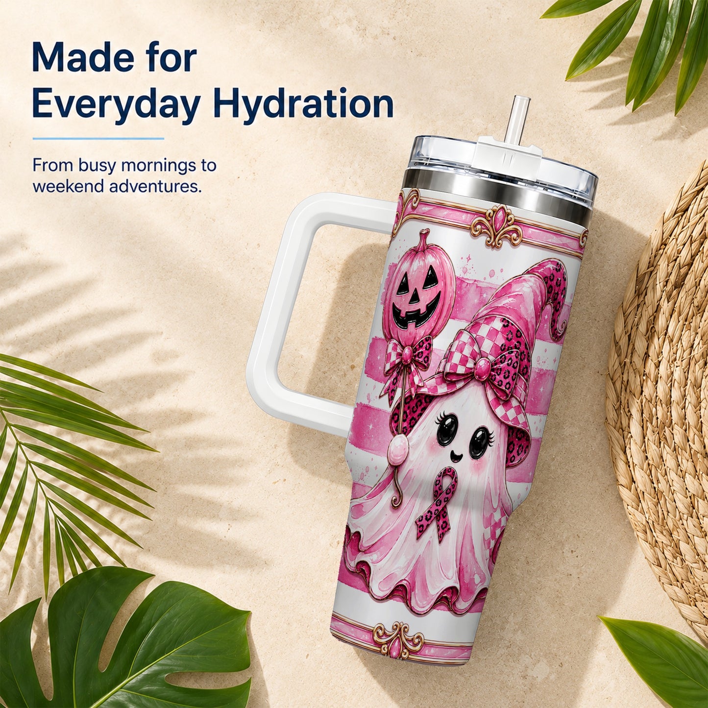#pl[40oz|White] Pink Witch Ghost 40oz Tumbler with Handle, Halloween Travel Cup