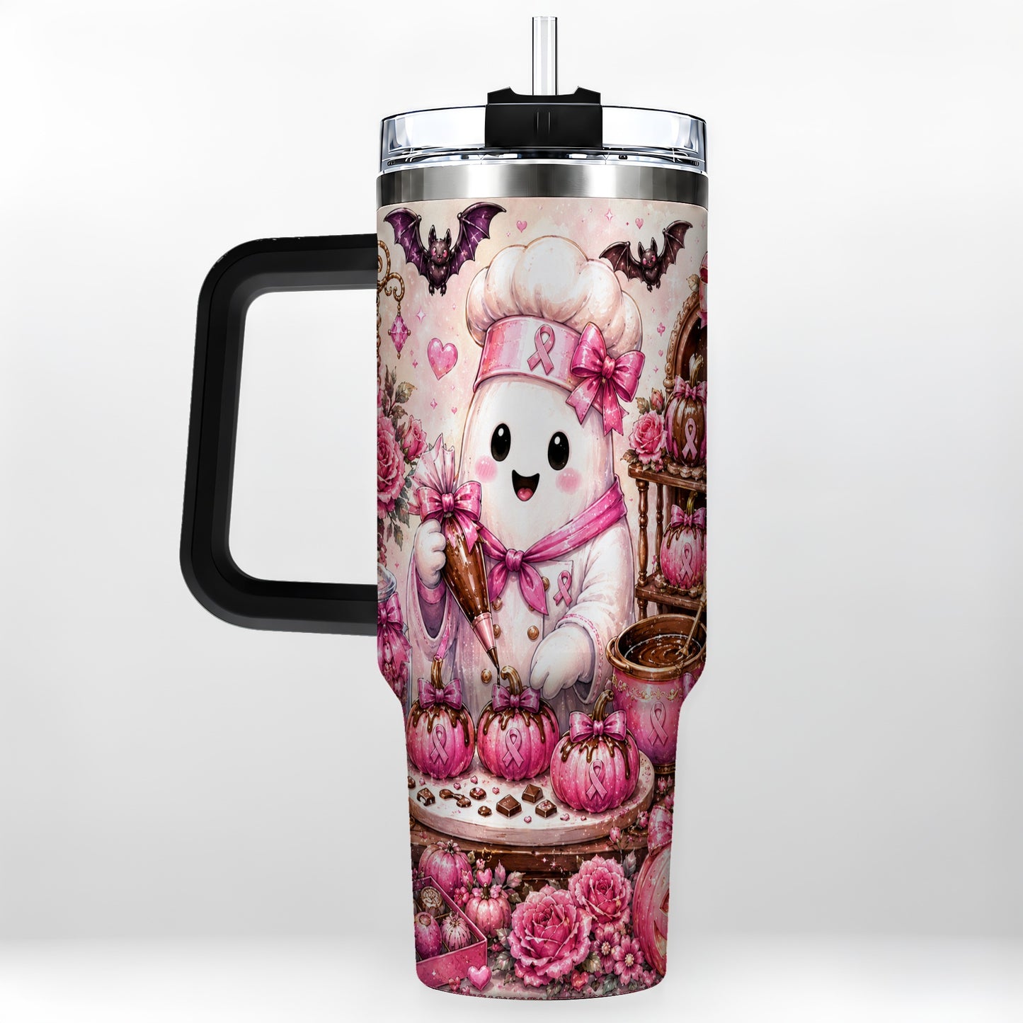 #pl[40oz|Black] Chef Ghost 40oz Tumbler with Handle, Pink Halloween Travel Cup
