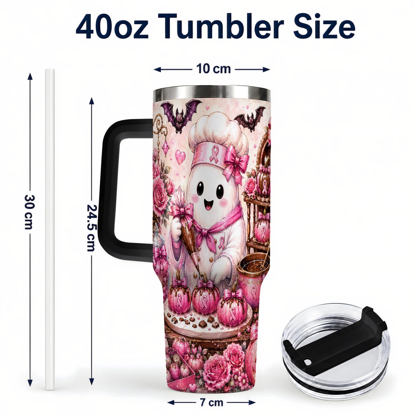 #pl[40oz|Black] Chef Ghost 40oz Tumbler with Handle, Pink Halloween Travel Cup