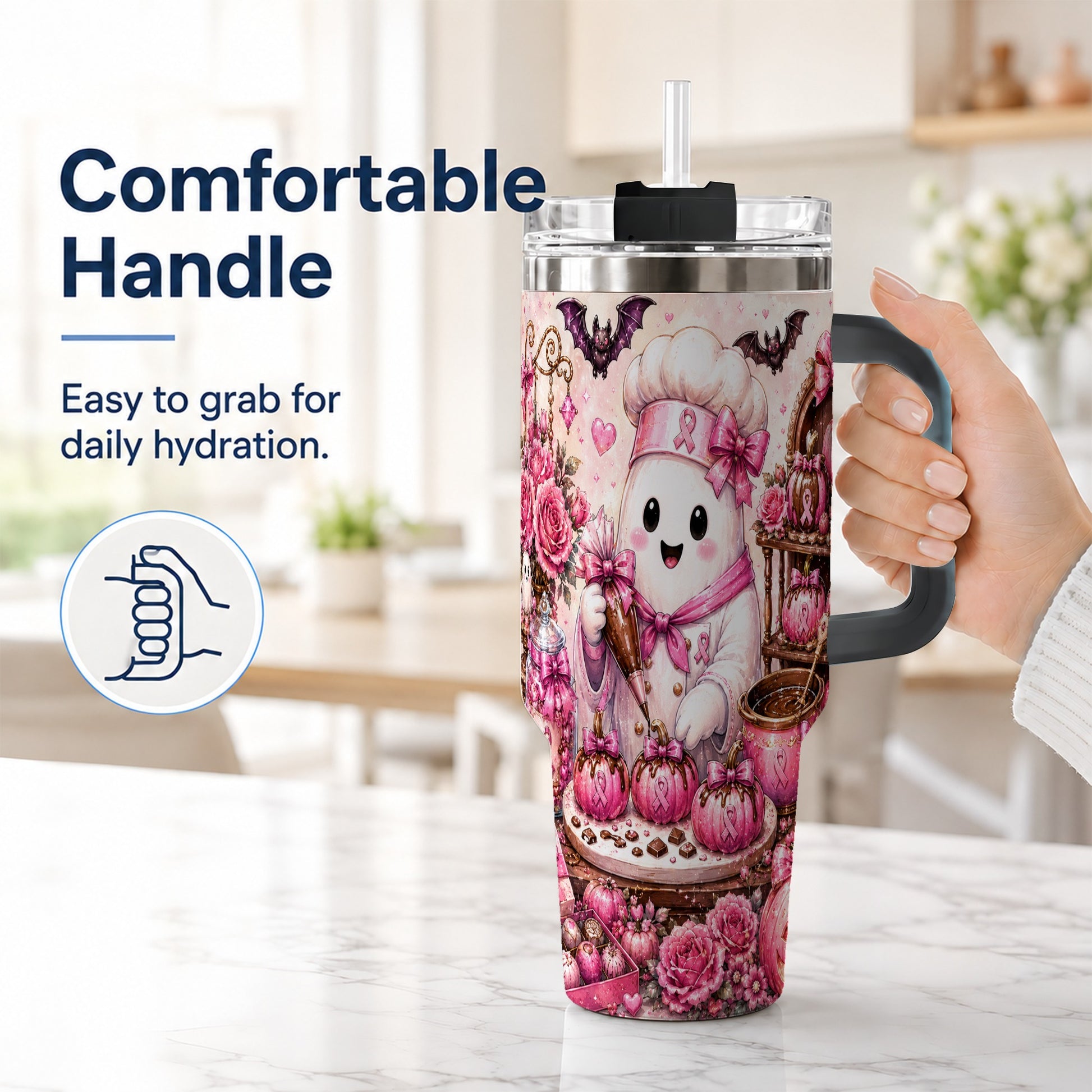 #pl[40oz|Black] Chef Ghost 40oz Tumbler with Handle, Pink Halloween Travel Cup