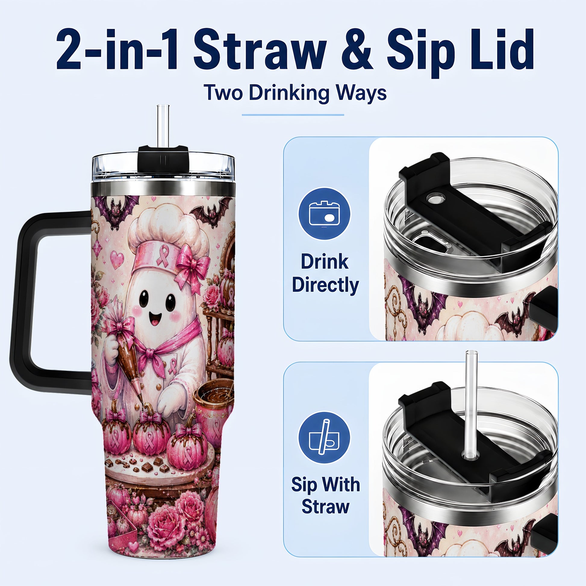 #pl[40oz|Black] Chef Ghost 40oz Tumbler with Handle, Pink Halloween Travel Cup