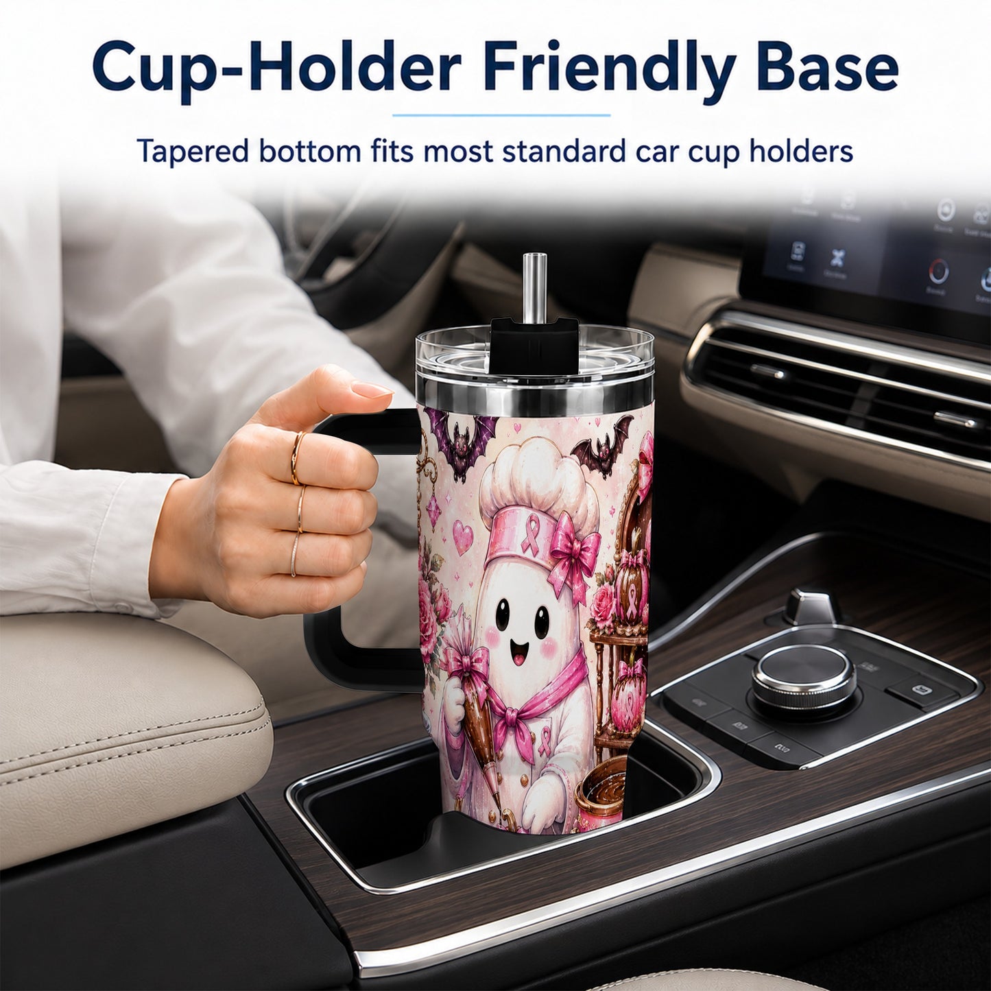 #pl[40oz|Black] Chef Ghost 40oz Tumbler with Handle, Pink Halloween Travel Cup