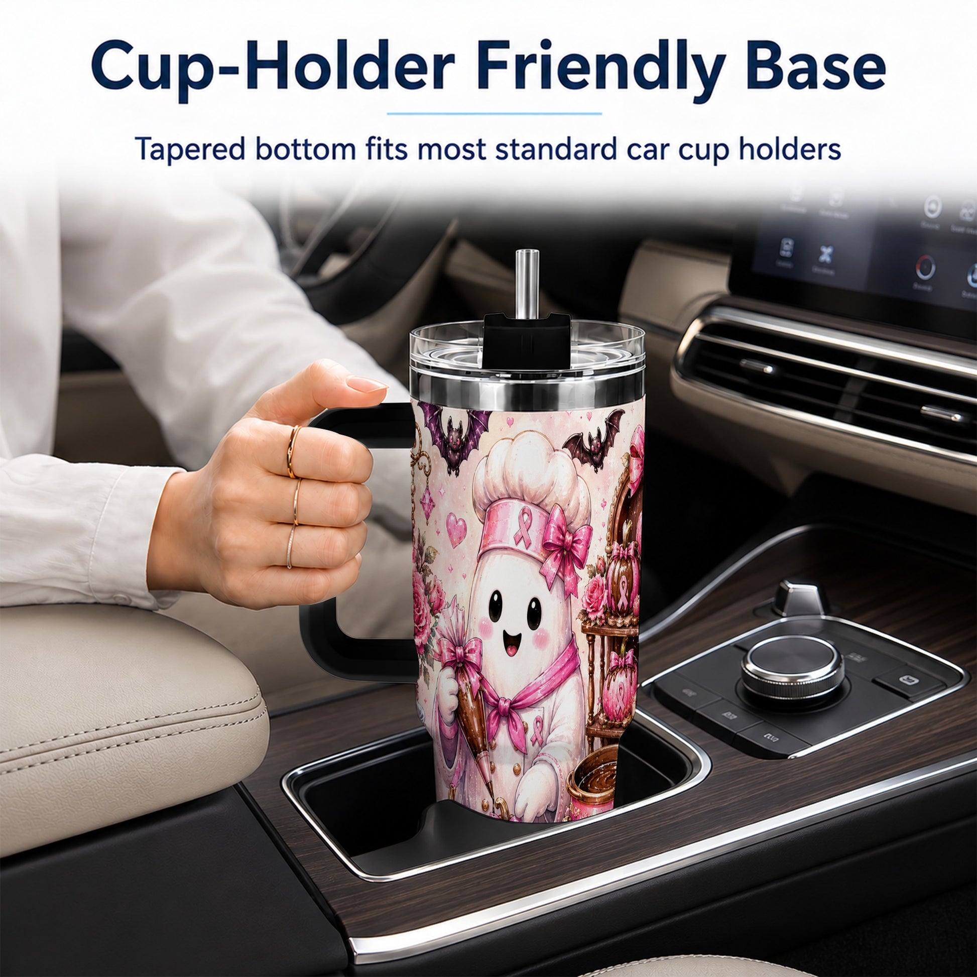 #pl[40oz|Black] Chef Ghost 40oz Tumbler with Handle, Pink Halloween Travel Cup