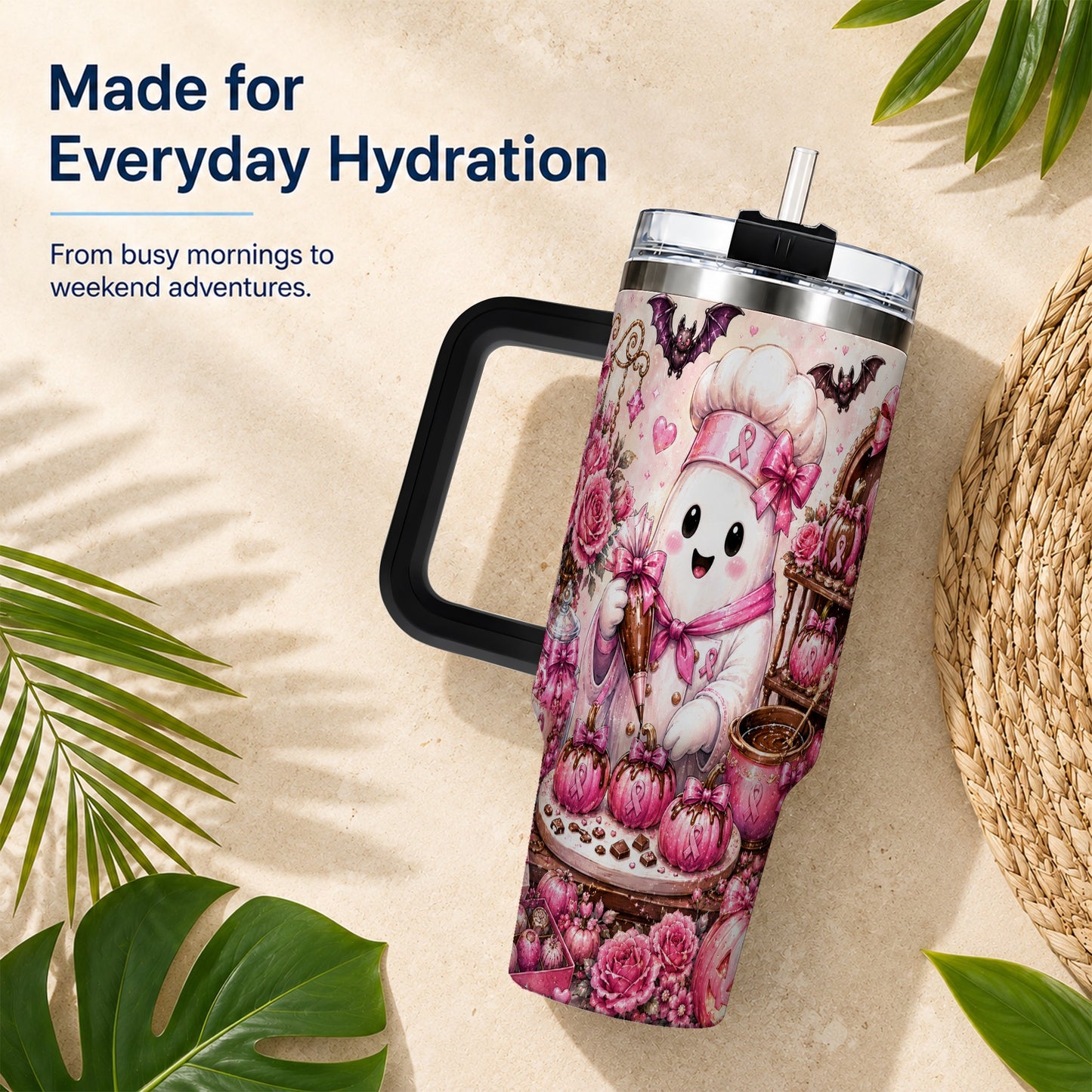 #pl[40oz|Black] Chef Ghost 40oz Tumbler with Handle, Pink Halloween Travel Cup