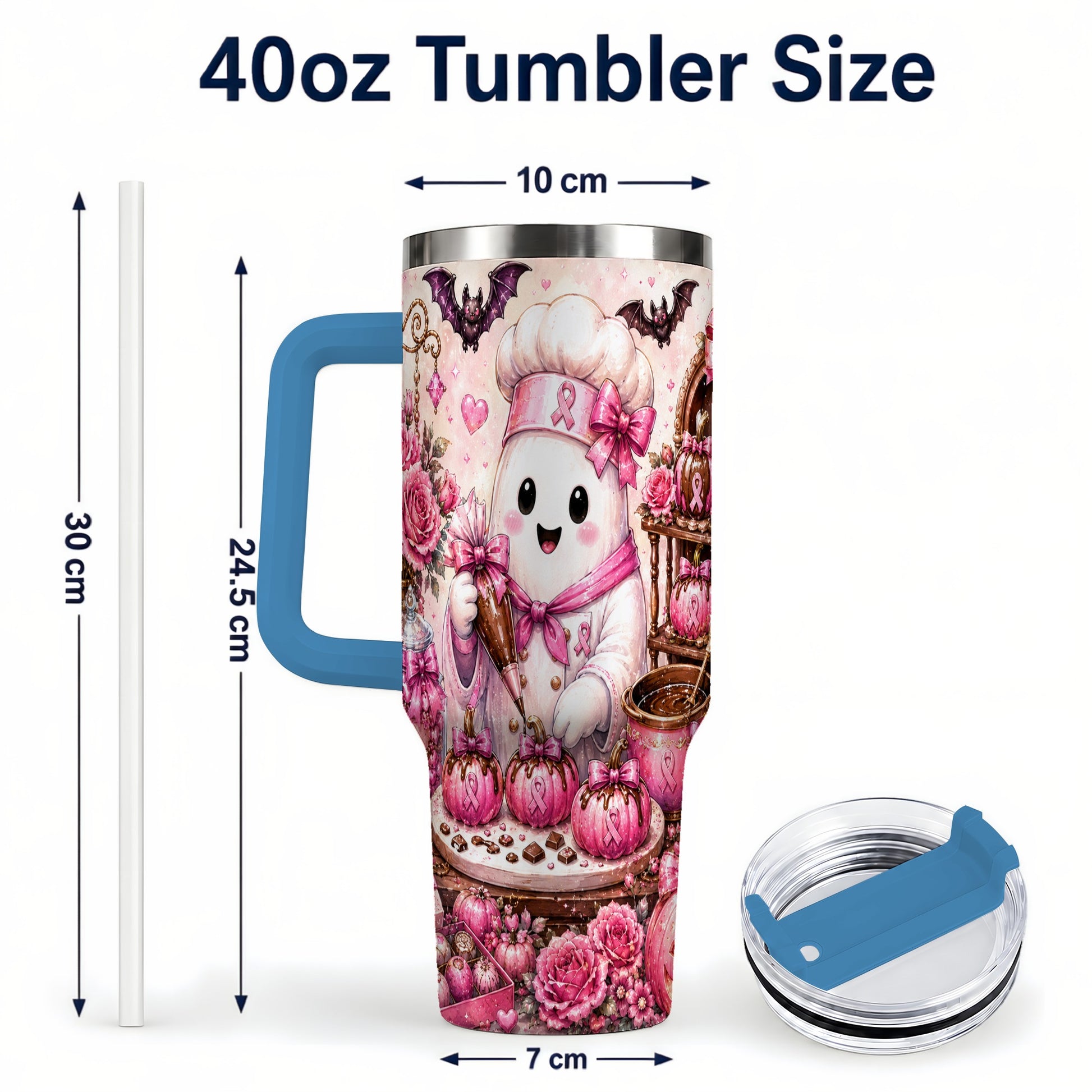 #pl[40oz|Blue] Chef Ghost 40oz Tumbler with Handle, Pink Halloween Travel Cup