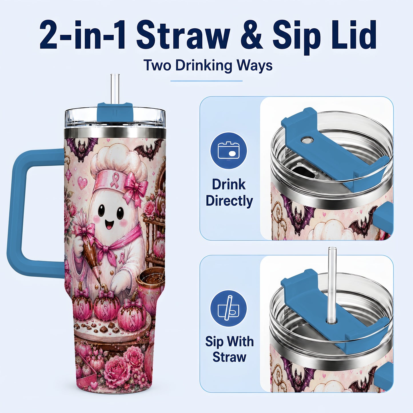 #pl[40oz|Blue] Chef Ghost 40oz Tumbler with Handle, Pink Halloween Travel Cup