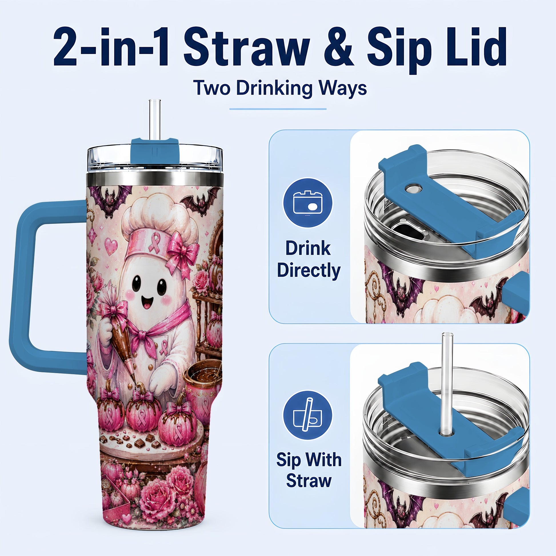 #pl[40oz|Blue] Chef Ghost 40oz Tumbler with Handle, Pink Halloween Travel Cup