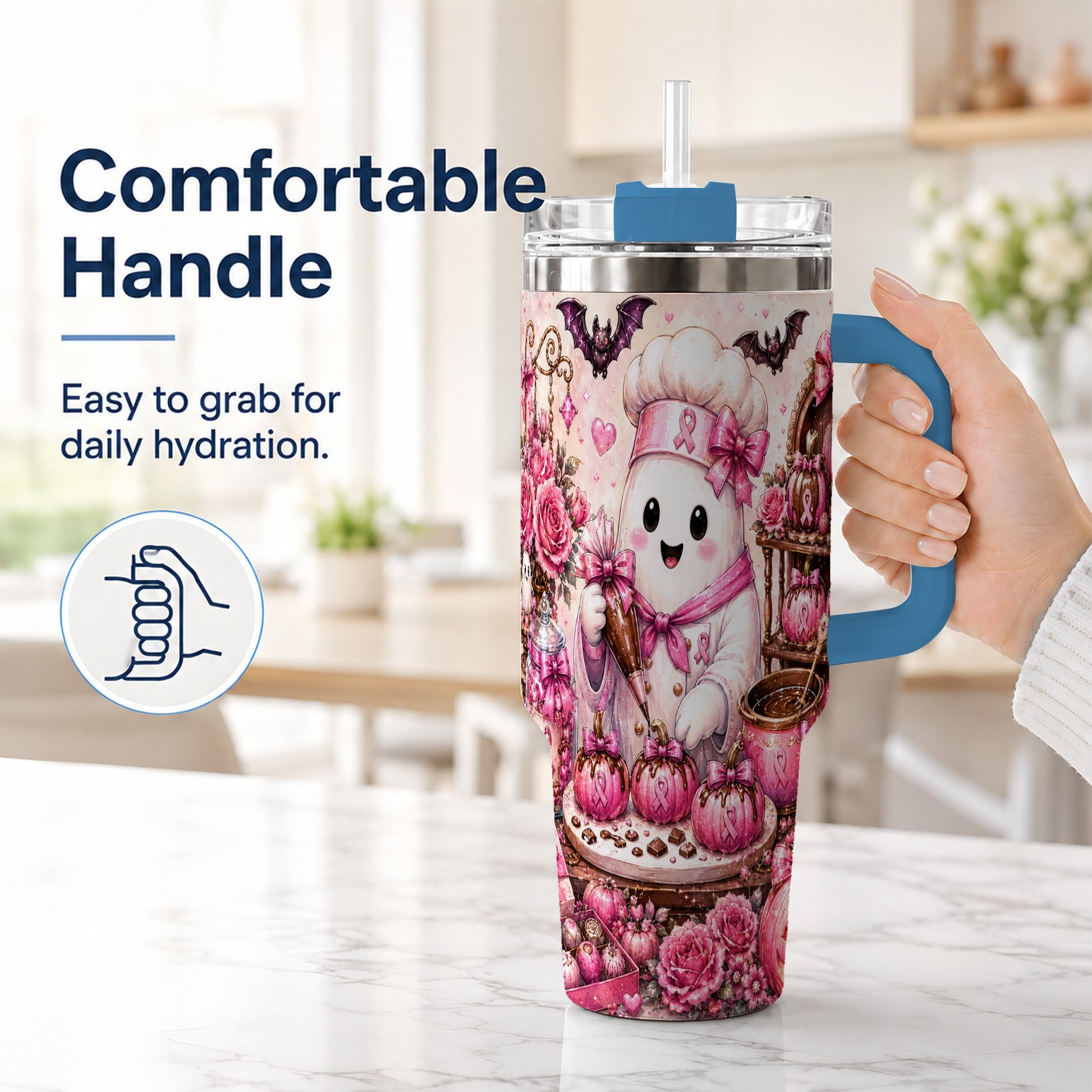 #pl[40oz|Blue] Chef Ghost 40oz Tumbler with Handle, Pink Halloween Travel Cup