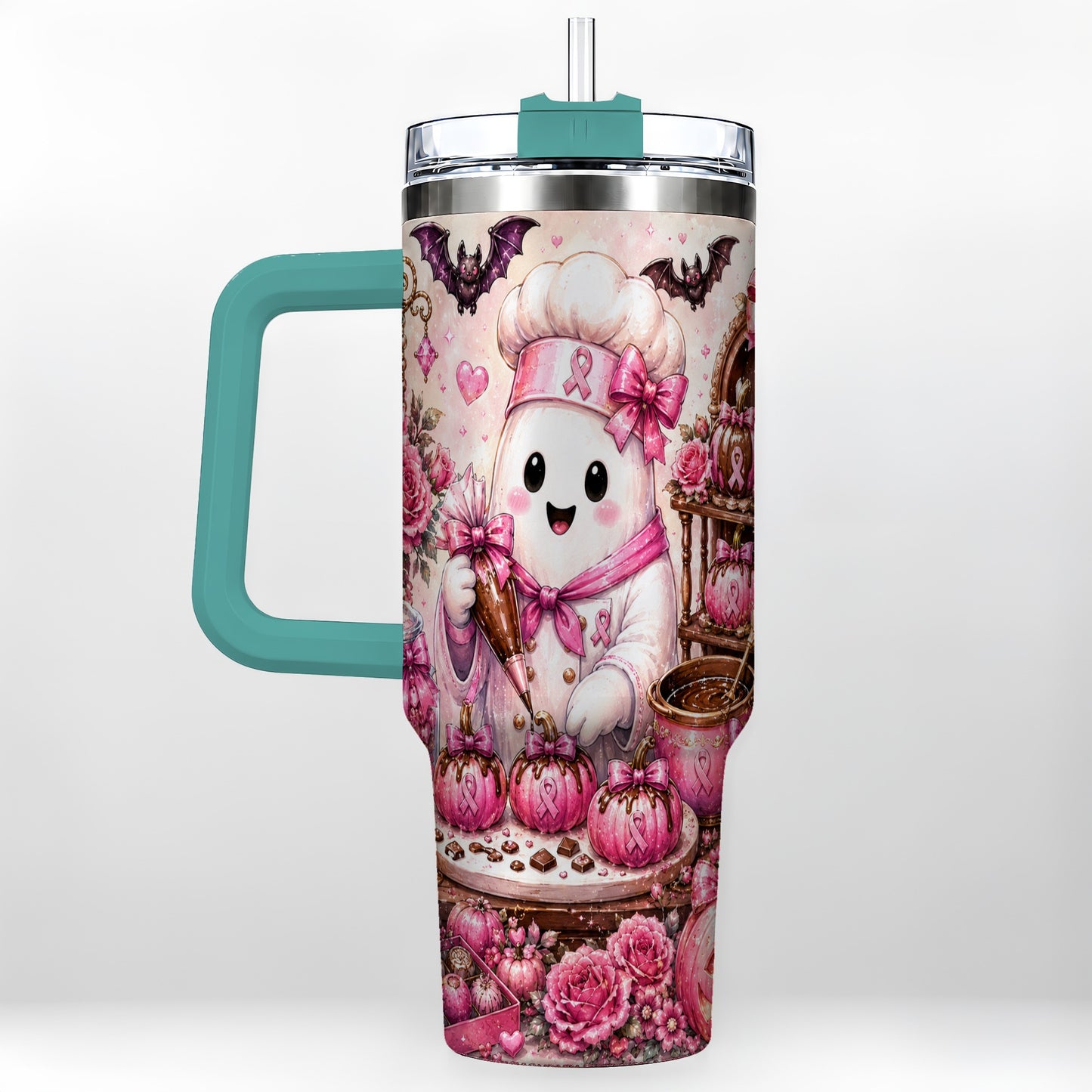 #pl[40oz|Green] Chef Ghost 40oz Tumbler with Handle, Pink Halloween Travel Cup