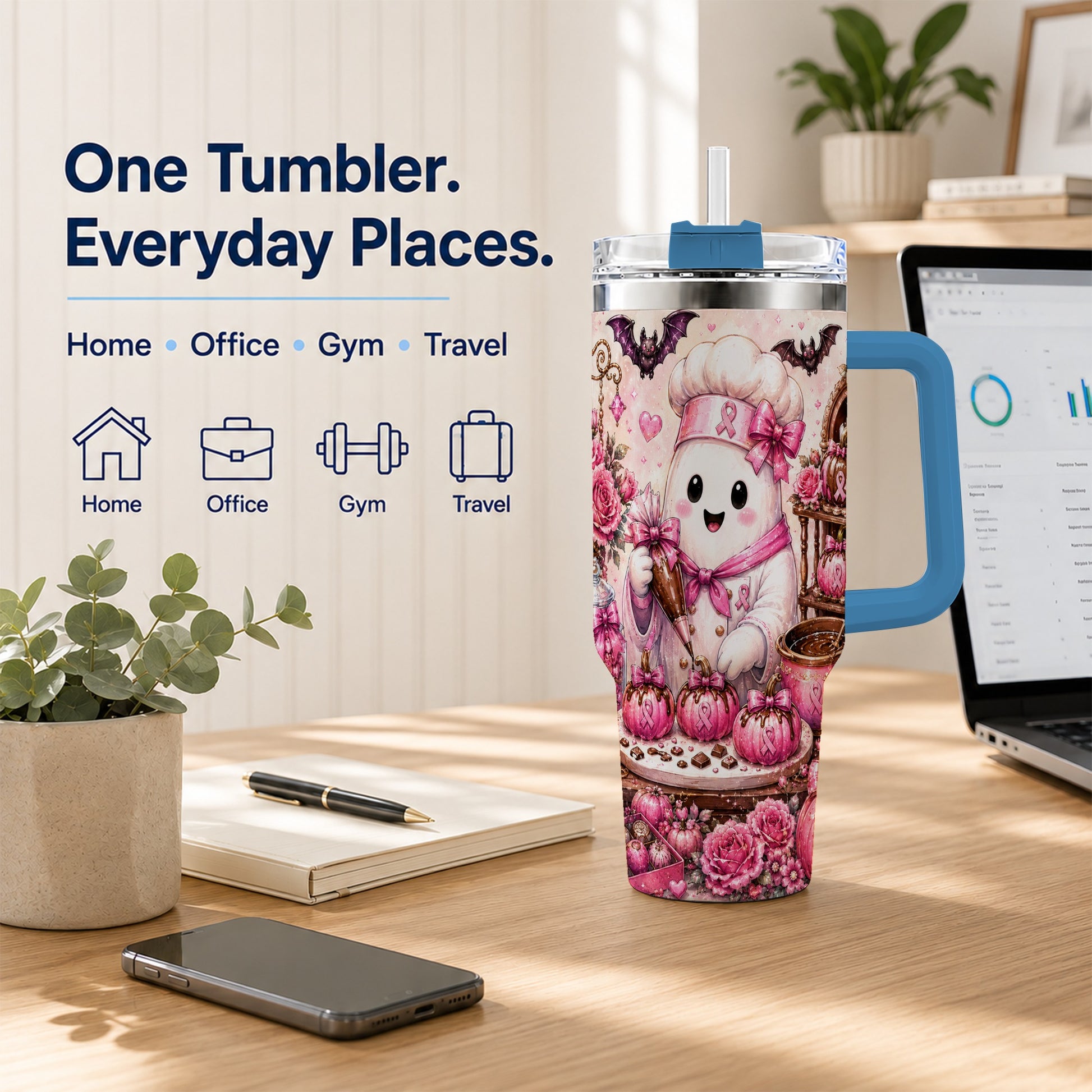 #pl[40oz|Blue] Chef Ghost 40oz Tumbler with Handle, Pink Halloween Travel Cup