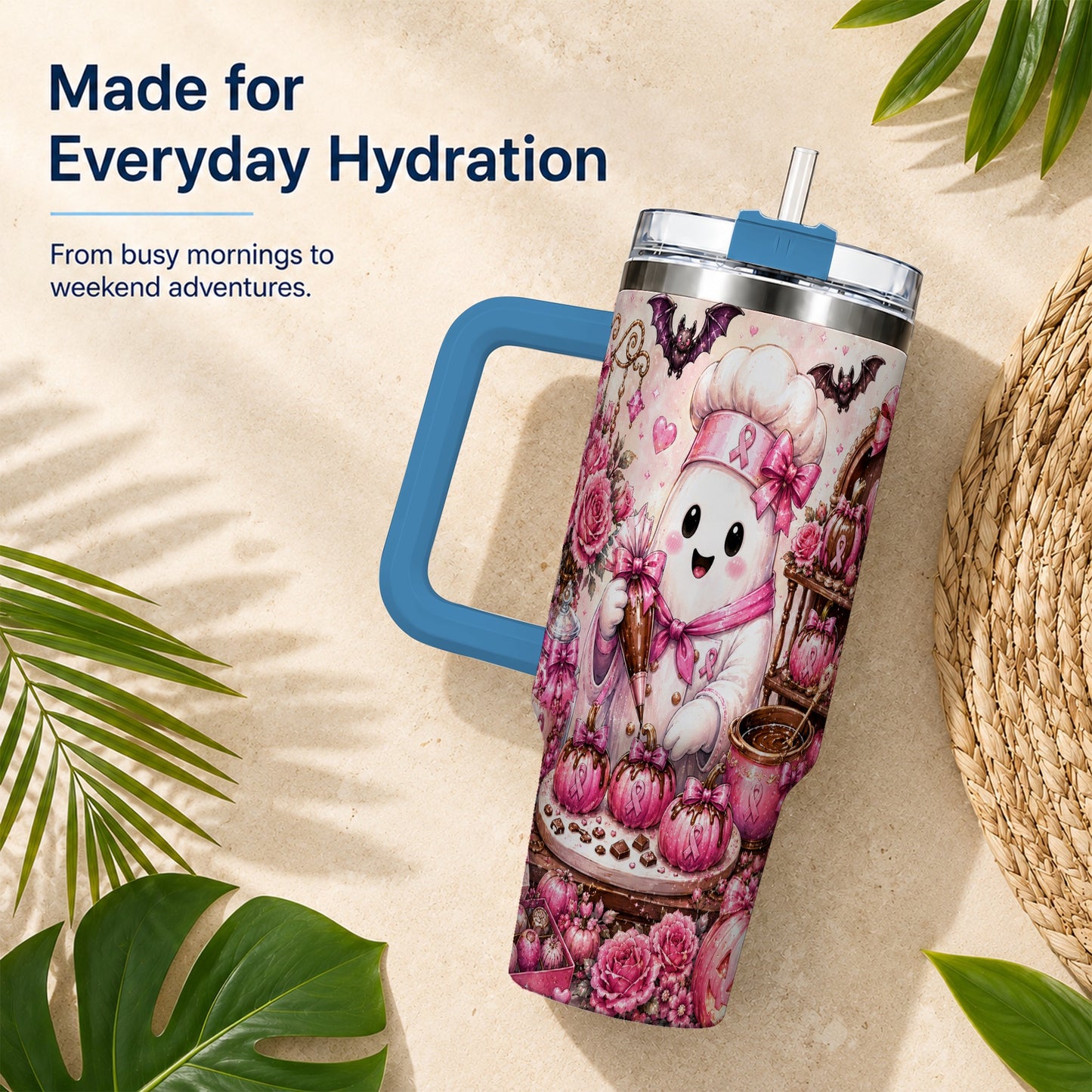 #pl[40oz|Blue] Chef Ghost 40oz Tumbler with Handle, Pink Halloween Travel Cup