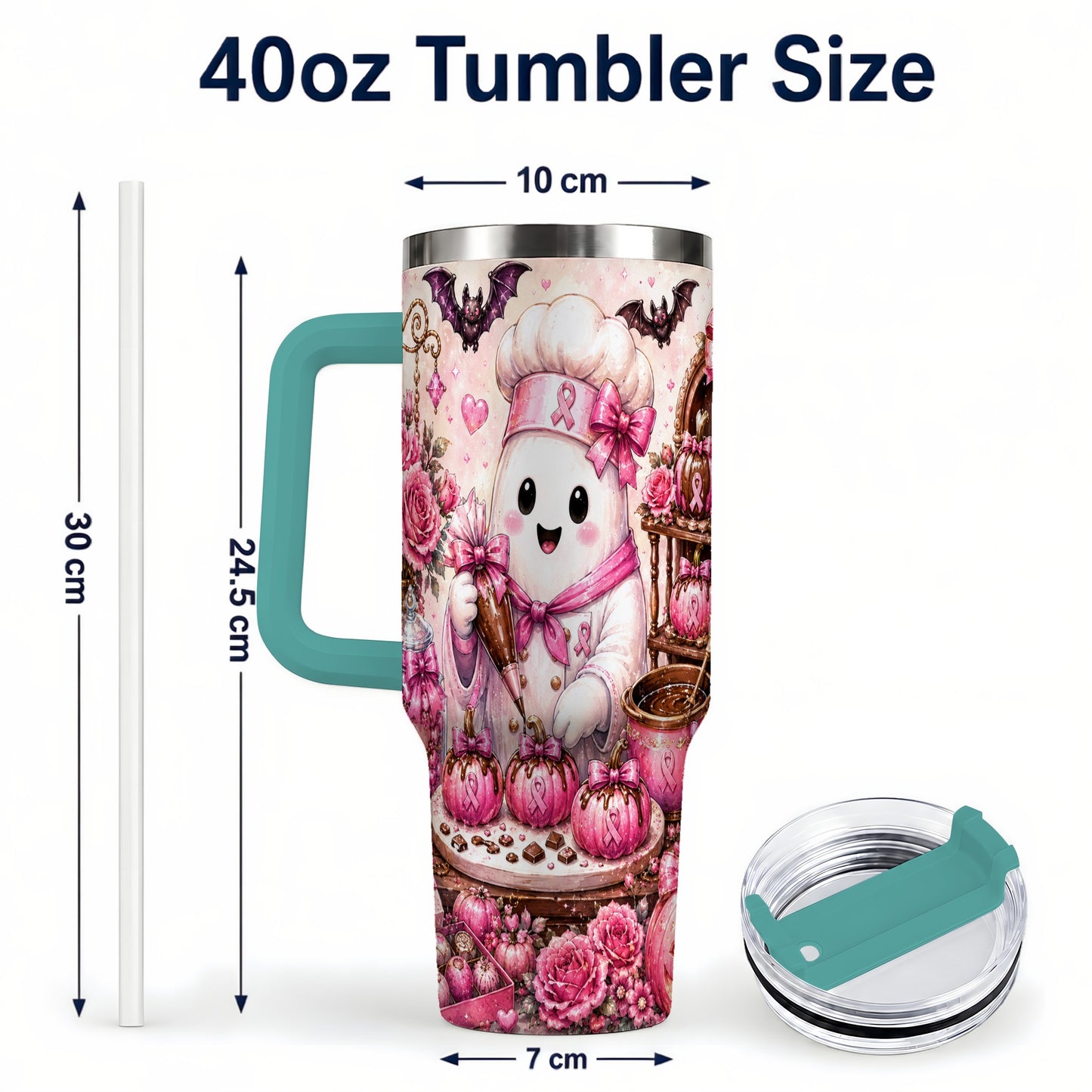 #pl[40oz|Green] Chef Ghost 40oz Tumbler with Handle, Pink Halloween Travel Cup