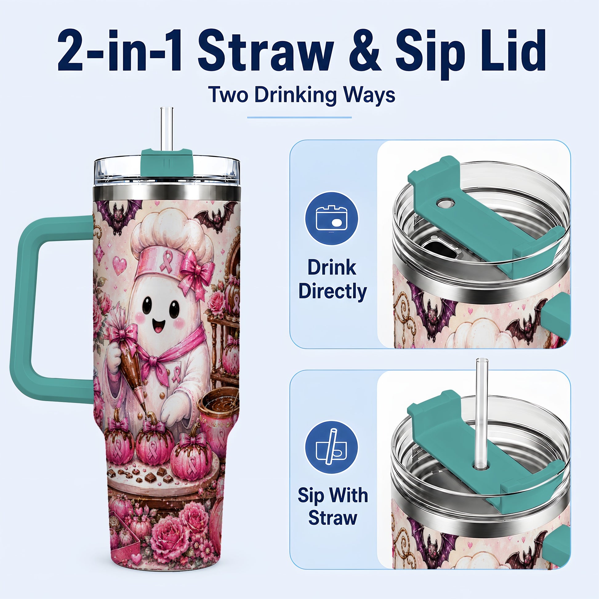 #pl[40oz|Green] Chef Ghost 40oz Tumbler with Handle, Pink Halloween Travel Cup