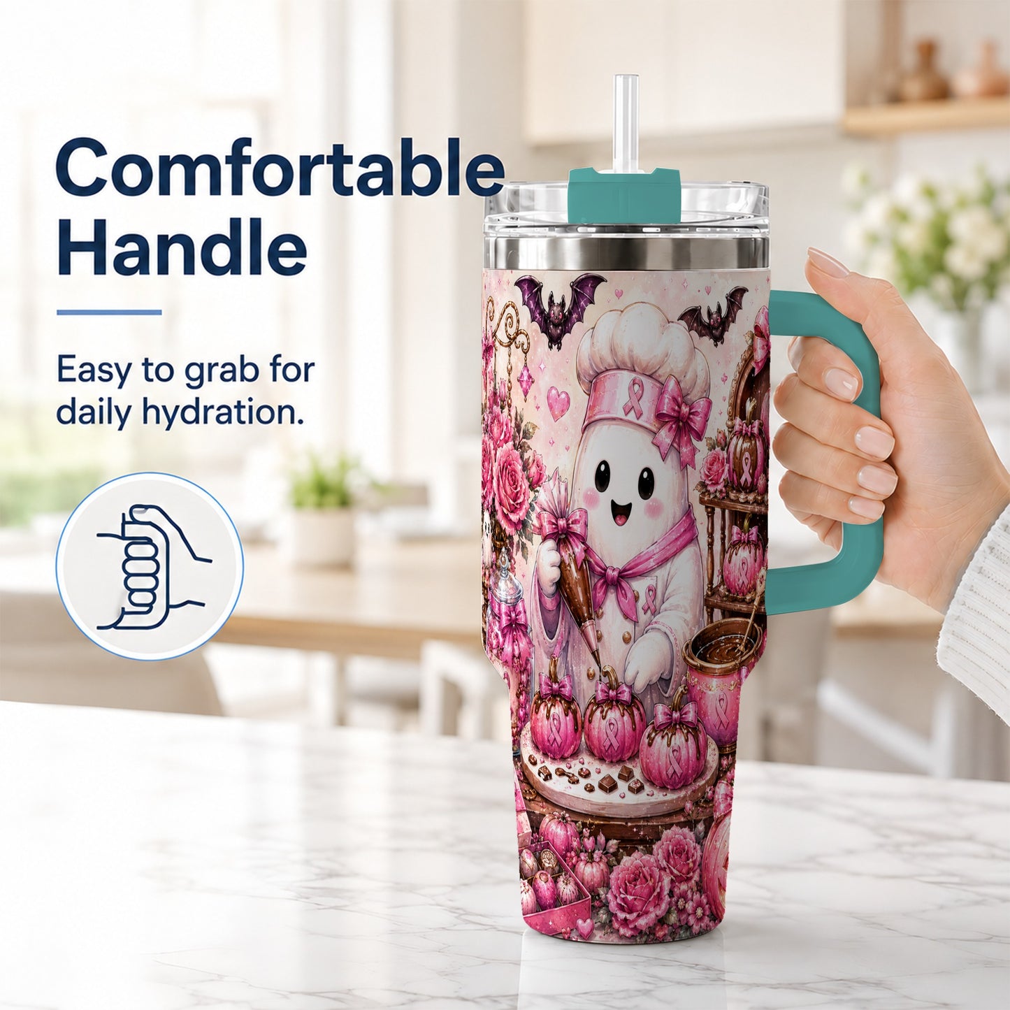 #pl[40oz|Green] Chef Ghost 40oz Tumbler with Handle, Pink Halloween Travel Cup