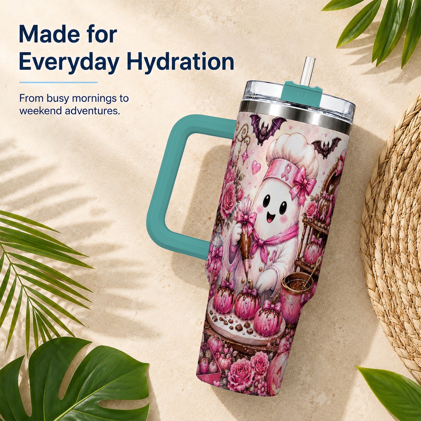 #pl[40oz|Green] Chef Ghost 40oz Tumbler with Handle, Pink Halloween Travel Cup