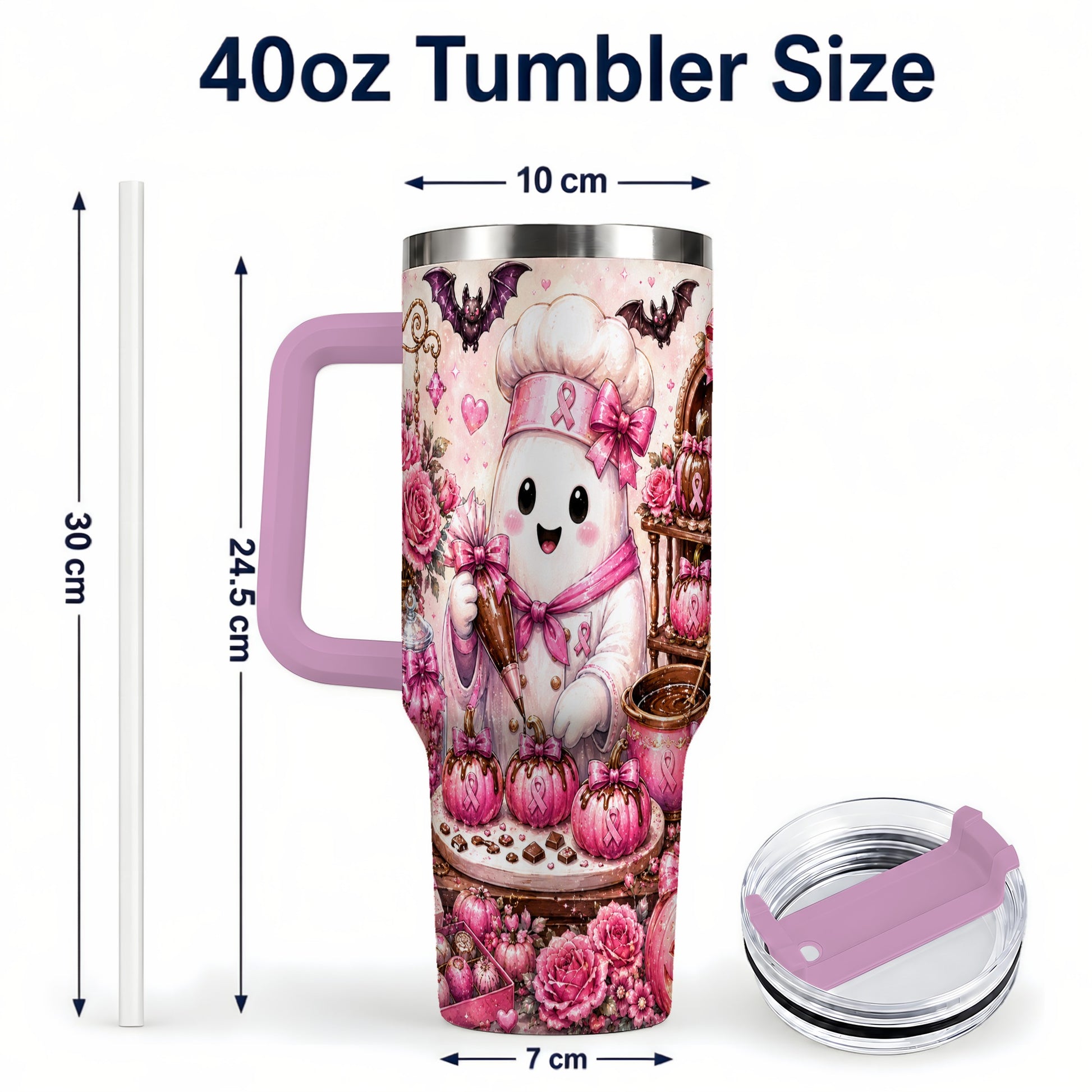 #pl[40oz|Pink] Chef Ghost 40oz Tumbler with Handle, Pink Halloween Travel Cup