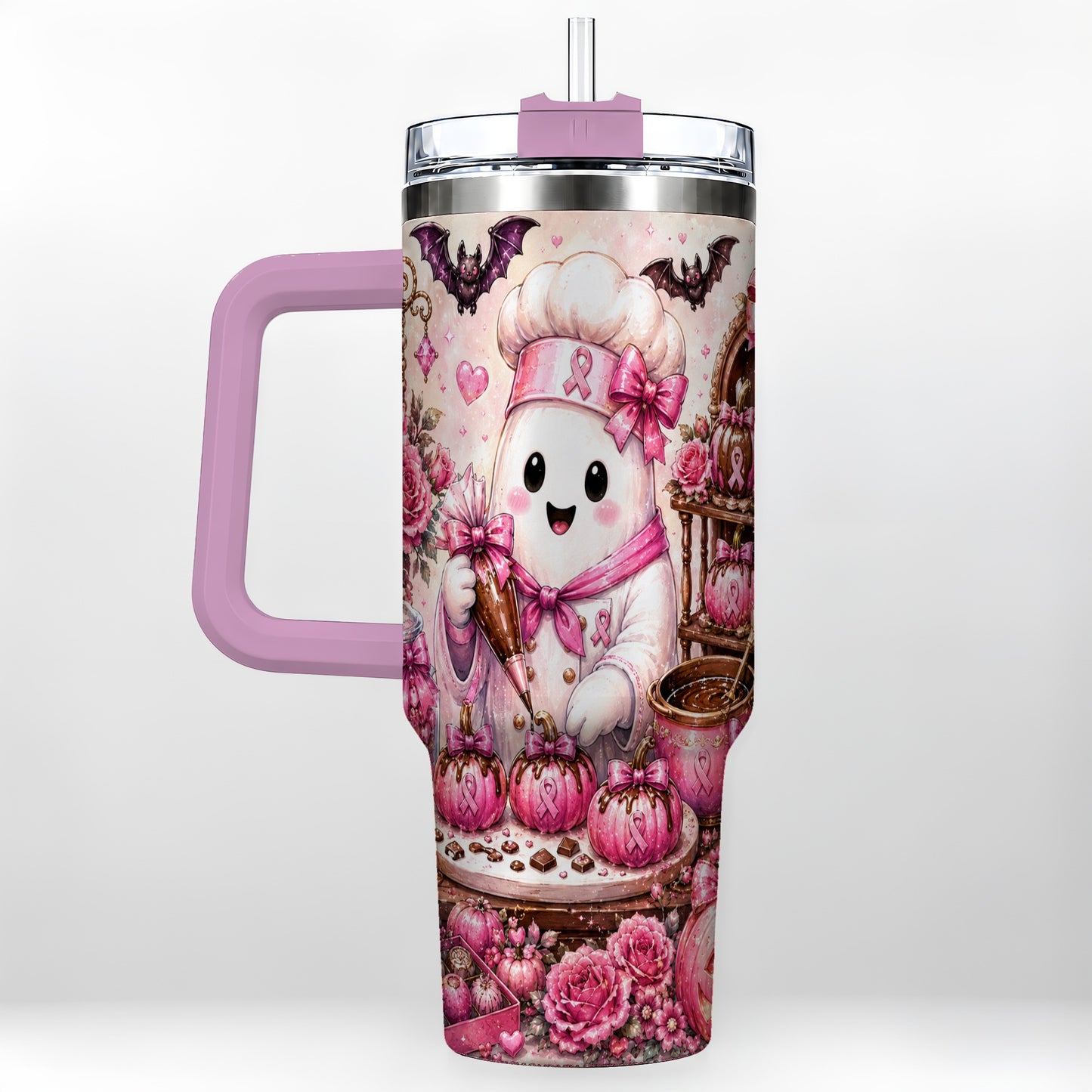 #pl[40oz|Pink] Chef Ghost 40oz Tumbler with Handle, Pink Halloween Travel Cup