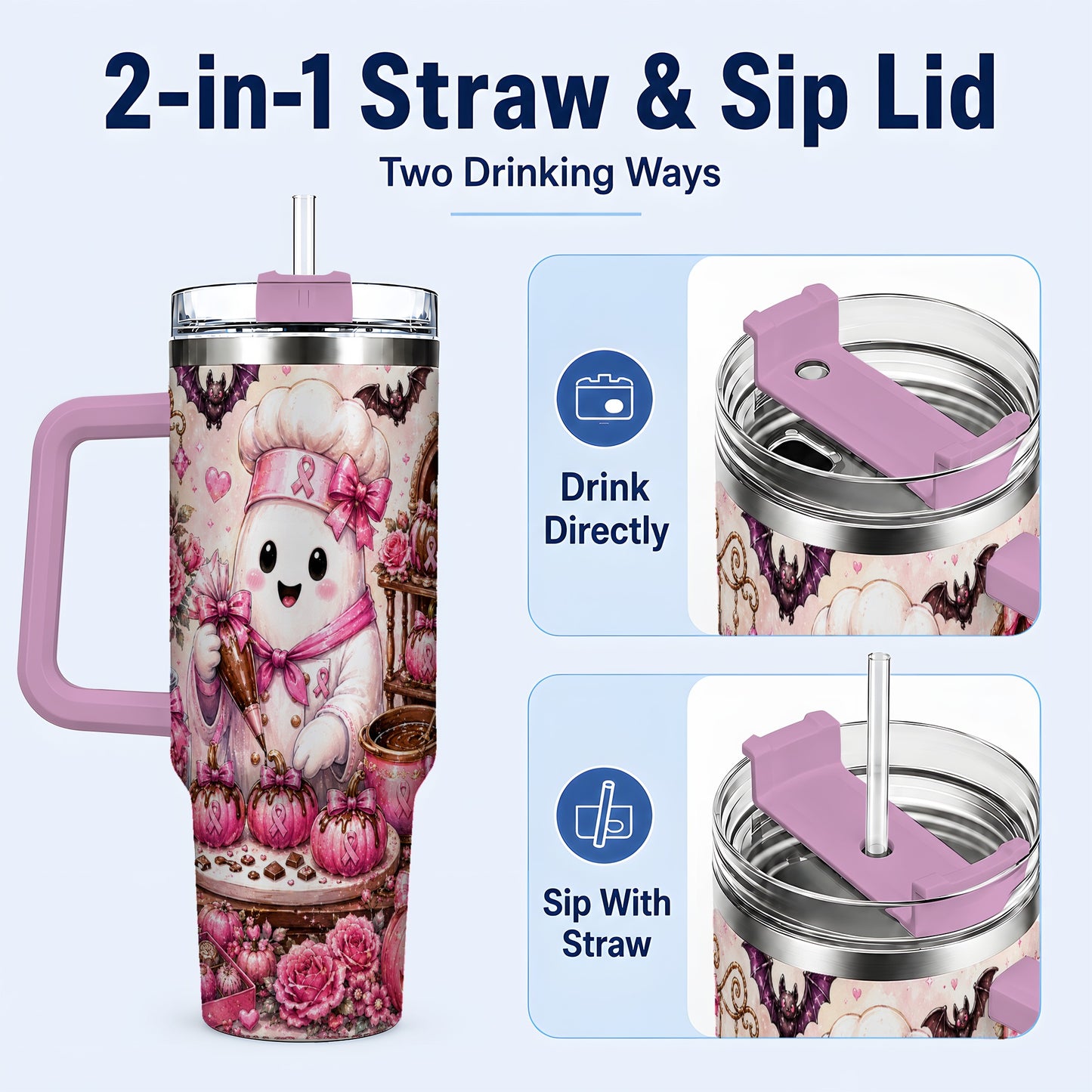#pl[40oz|Pink] Chef Ghost 40oz Tumbler with Handle, Pink Halloween Travel Cup