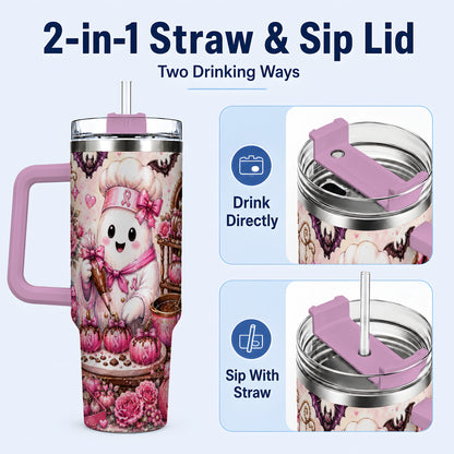 #pl[40oz|Pink] Chef Ghost 40oz Tumbler with Handle, Pink Halloween Travel Cup
