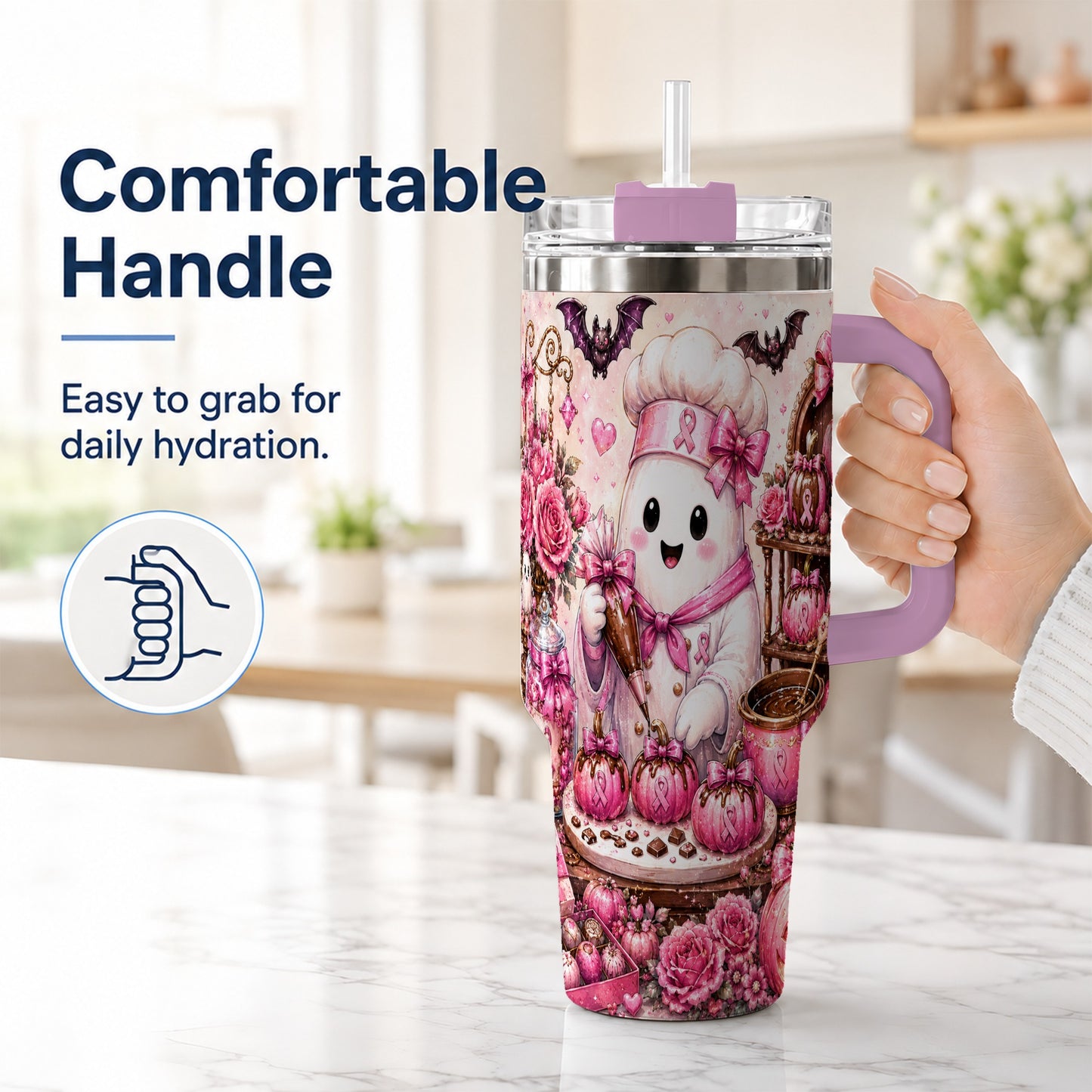 #pl[40oz|Pink] Chef Ghost 40oz Tumbler with Handle, Pink Halloween Travel Cup