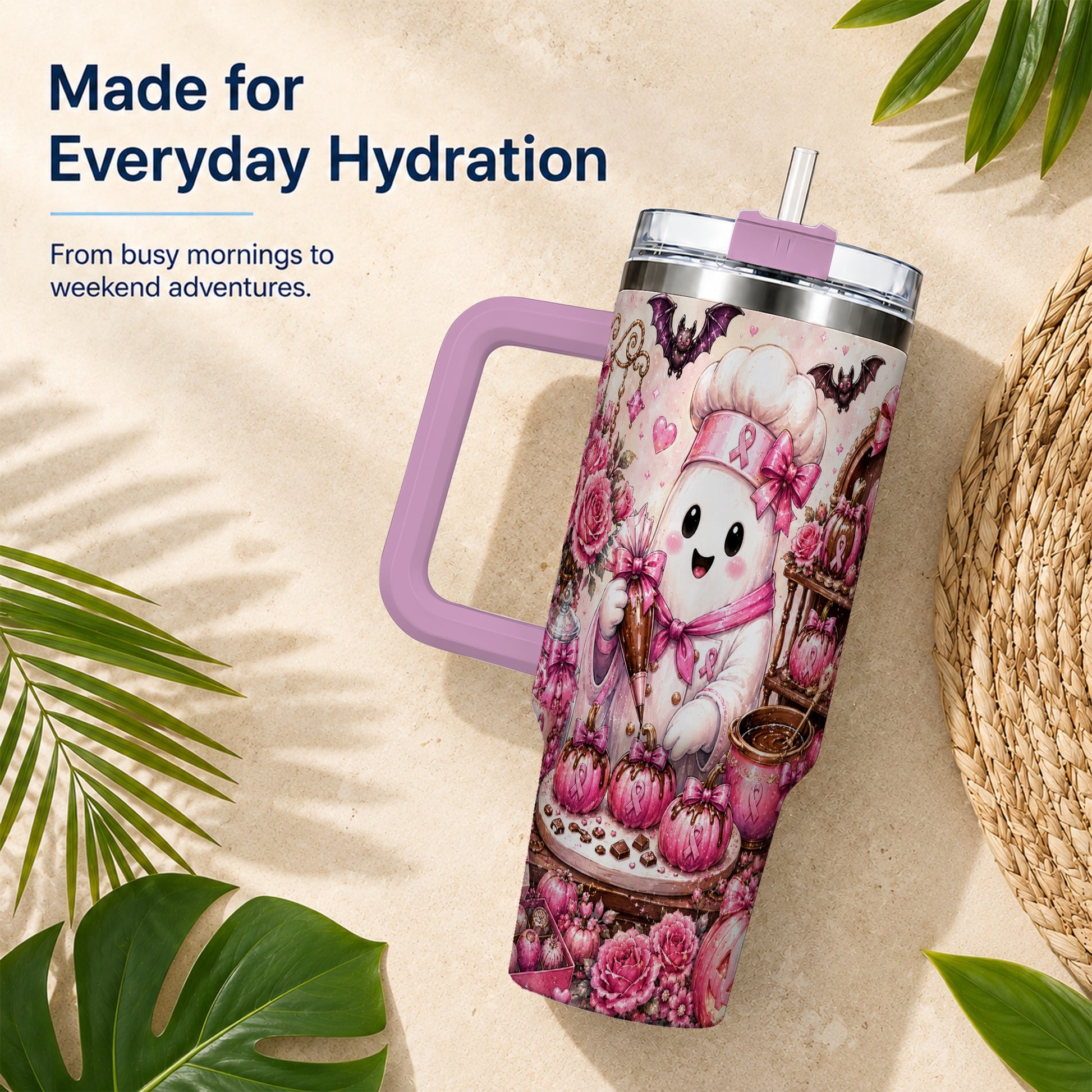 #pl[40oz|Pink] Chef Ghost 40oz Tumbler with Handle, Pink Halloween Travel Cup