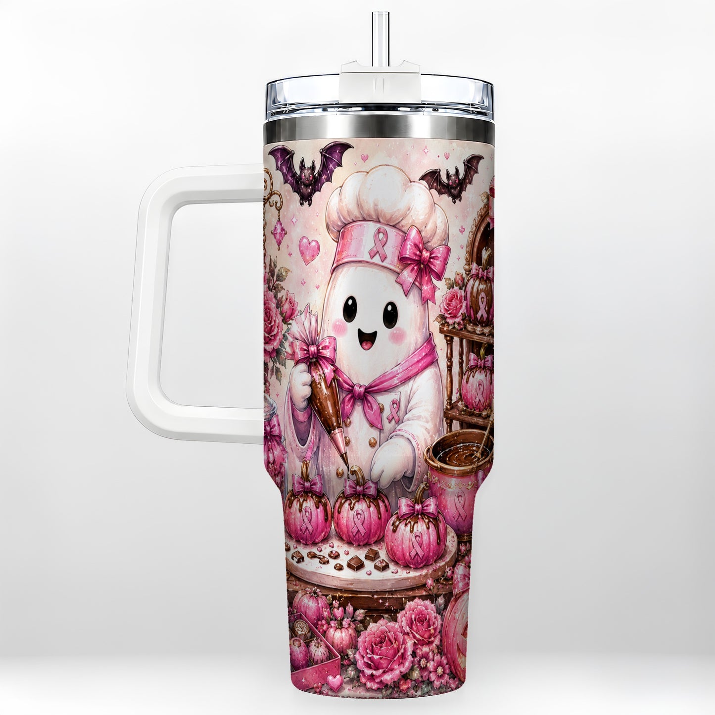#pl[40oz|White] Chef Ghost 40oz Tumbler with Handle, Pink Halloween Travel Cup