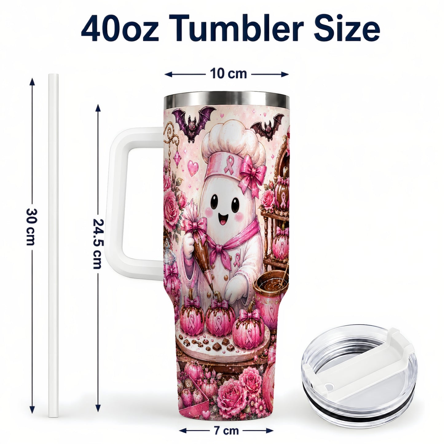 #pl[40oz|White] Chef Ghost 40oz Tumbler with Handle, Pink Halloween Travel Cup