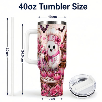 #pl[40oz|White] Chef Ghost 40oz Tumbler with Handle, Pink Halloween Travel Cup