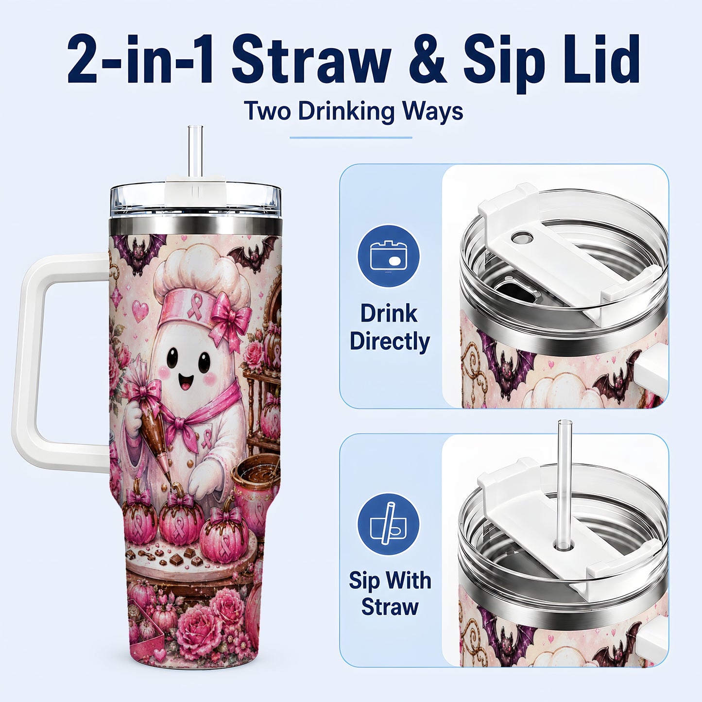 #pl[40oz|White] Chef Ghost 40oz Tumbler with Handle, Pink Halloween Travel Cup
