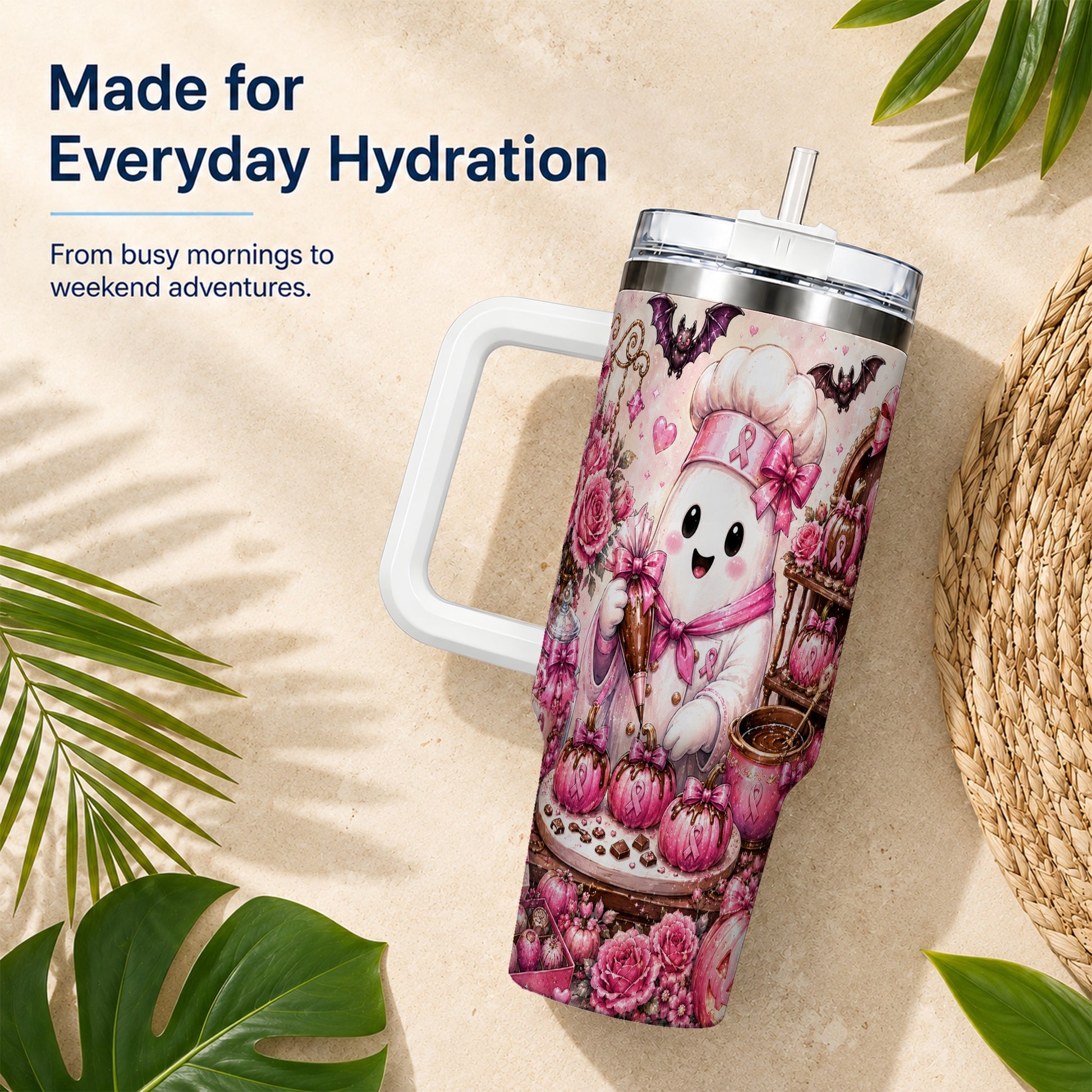 #pl[40oz|White] Chef Ghost 40oz Tumbler with Handle, Pink Halloween Travel Cup