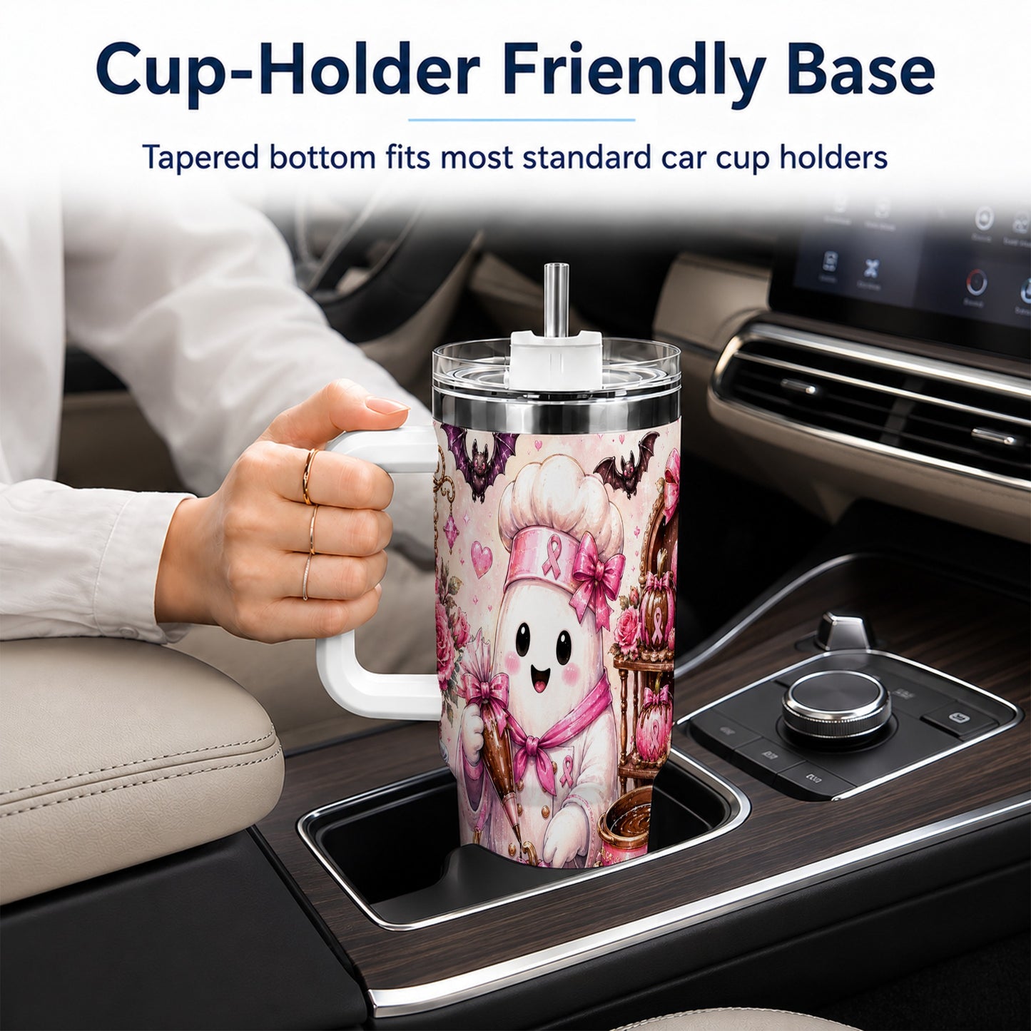 #pl[40oz|White] Chef Ghost 40oz Tumbler with Handle, Pink Halloween Travel Cup